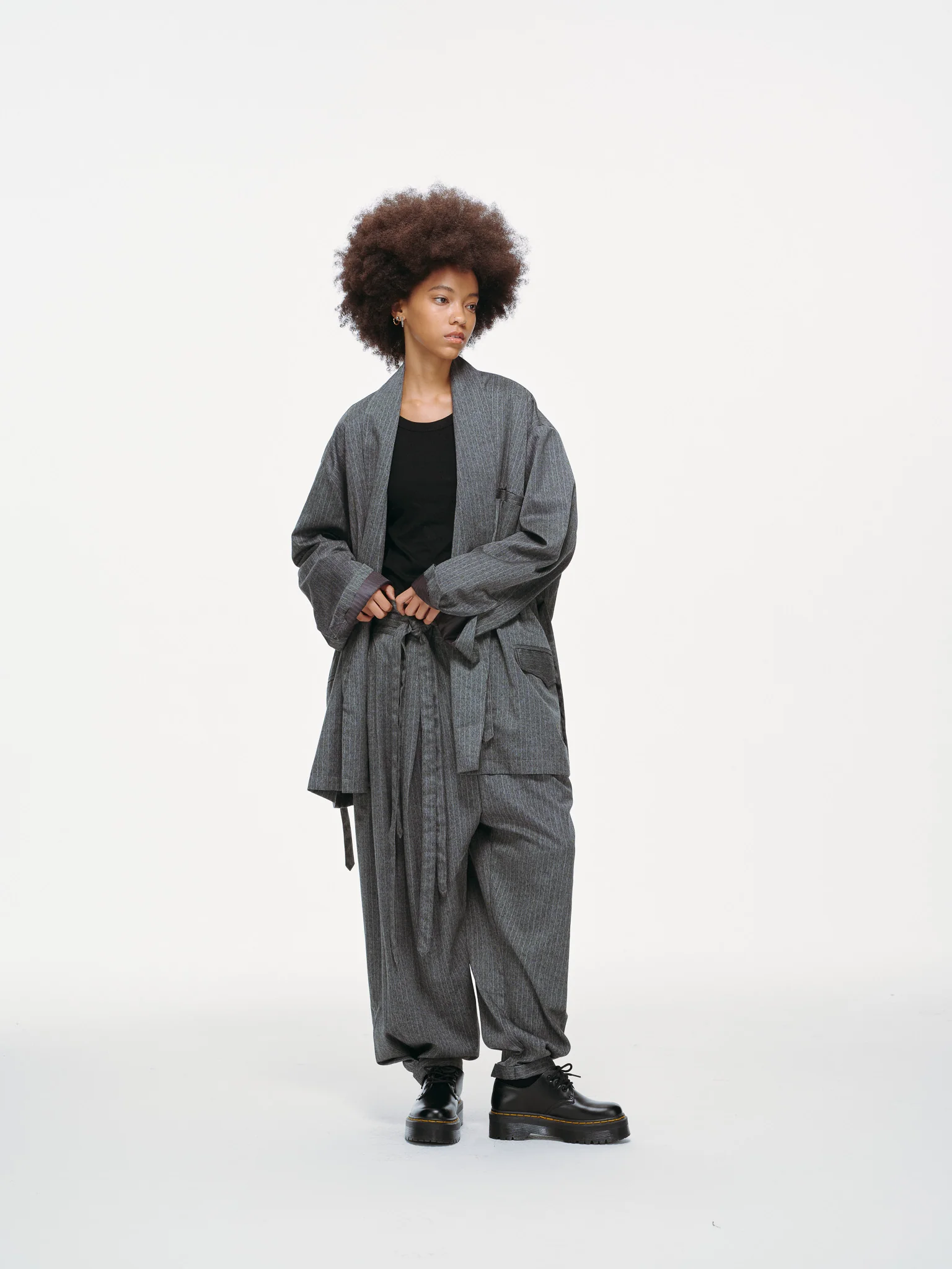 Noa Wrap-Front Pleated Pants – Wrap Around Sash Belt, Grey Pinstripe - Image 17