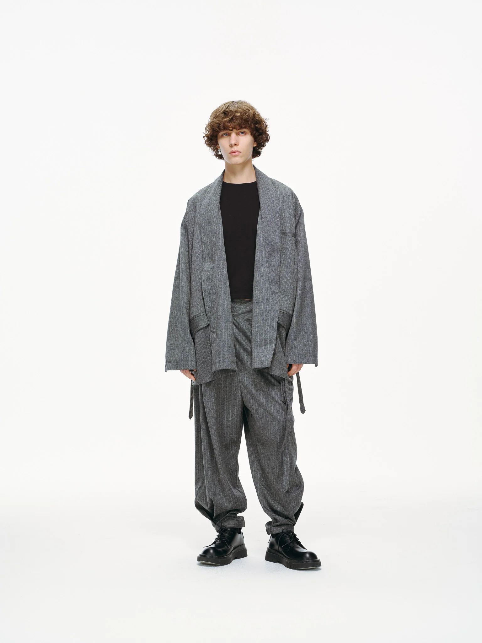 Noa Wrap-Front Pleated Pants – Wrap Around Sash Belt, Grey Pinstripe - Image 18