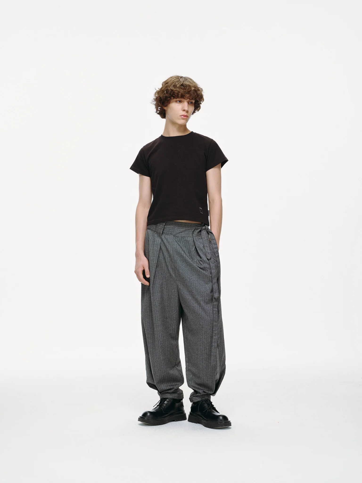 Noa Wrap-Front Pleated Pants – Wrap Around Sash Belt, Grey Pinstripe - Image 3