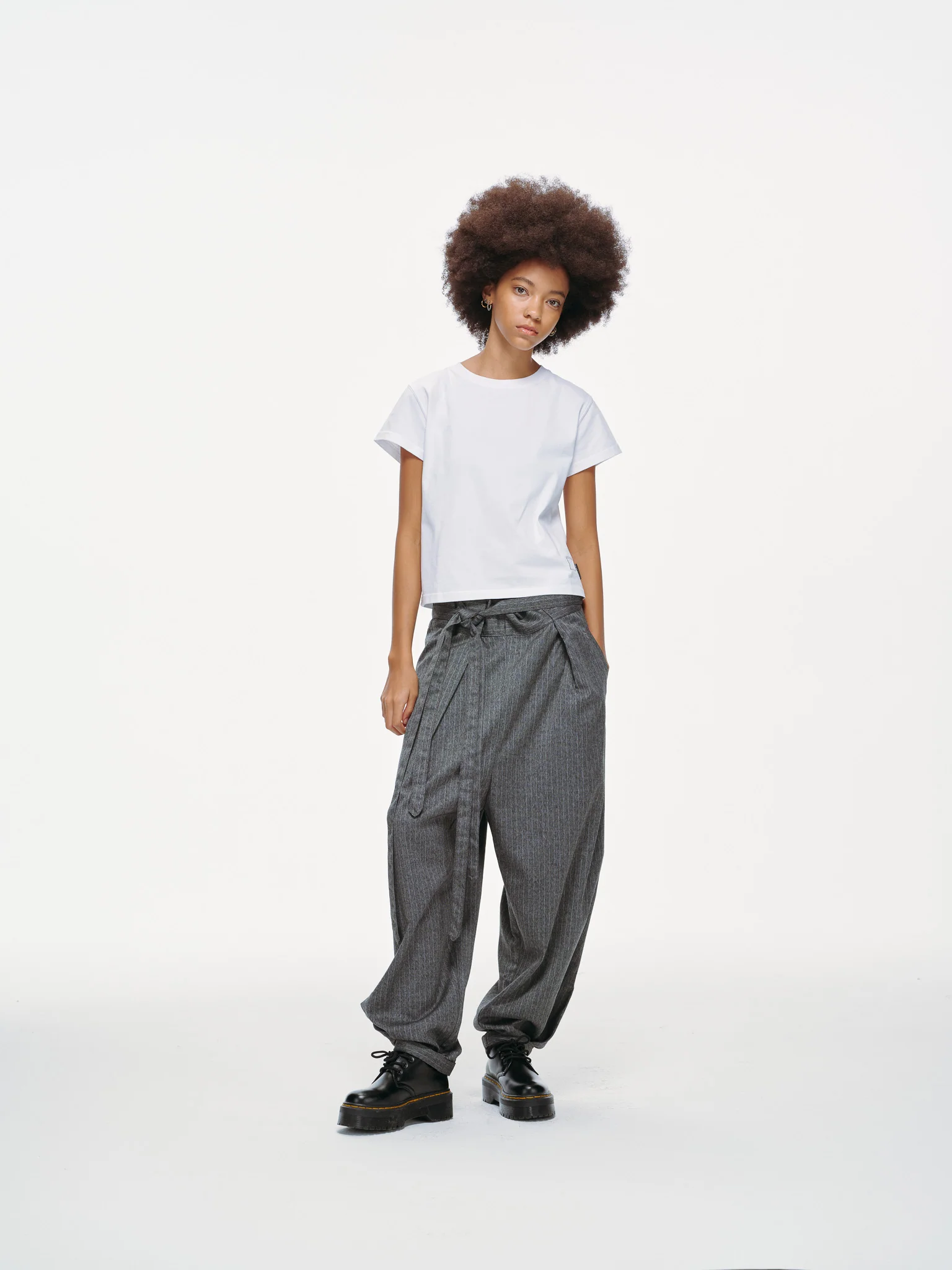 Noa Wrap-Front Pleated Pants – Wrap Around Sash Belt, Grey Pinstripe - Image 4