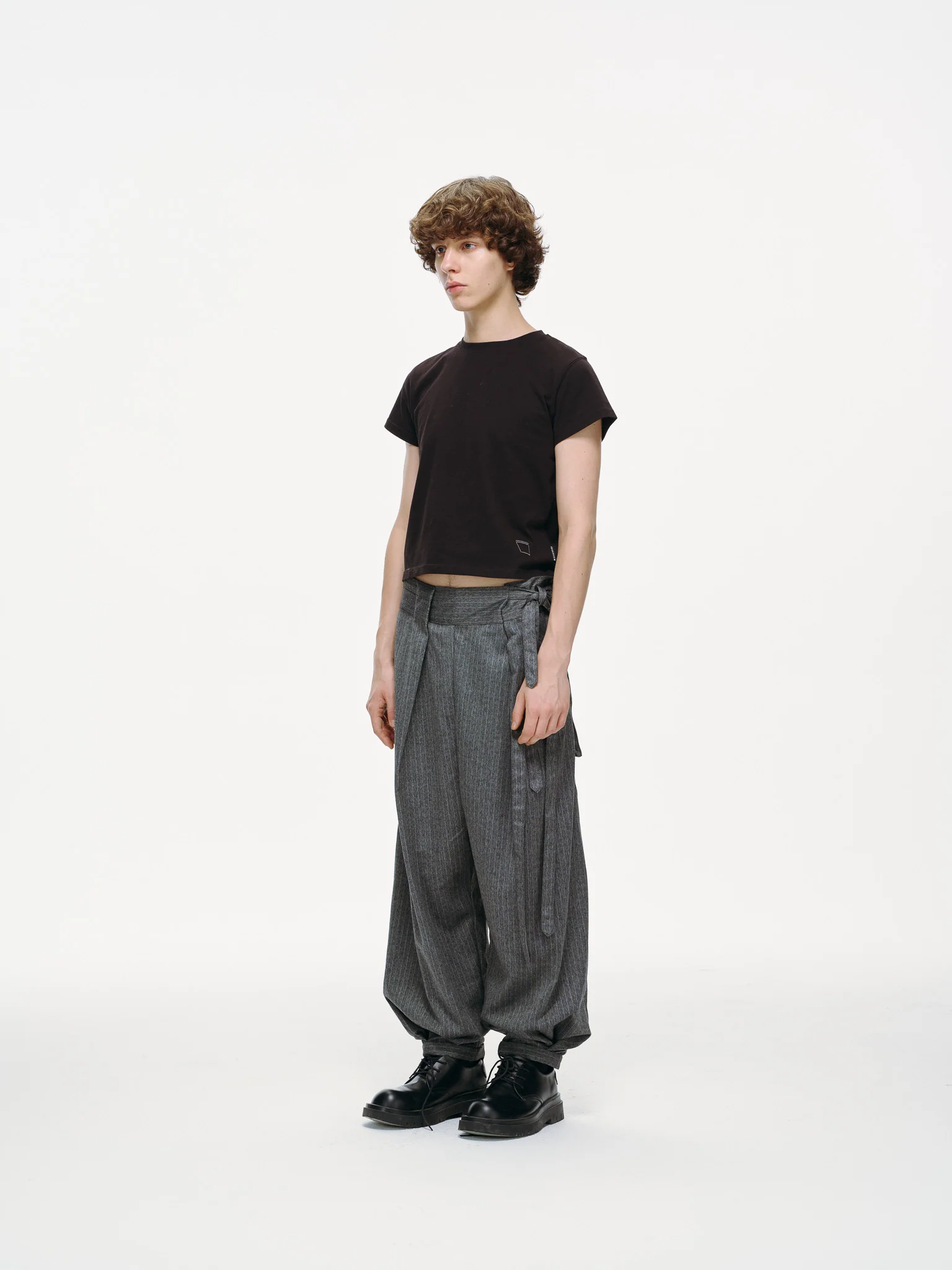 Noa Wrap-Front Pleated Pants – Wrap Around Sash Belt, Grey Pinstripe - Image 5