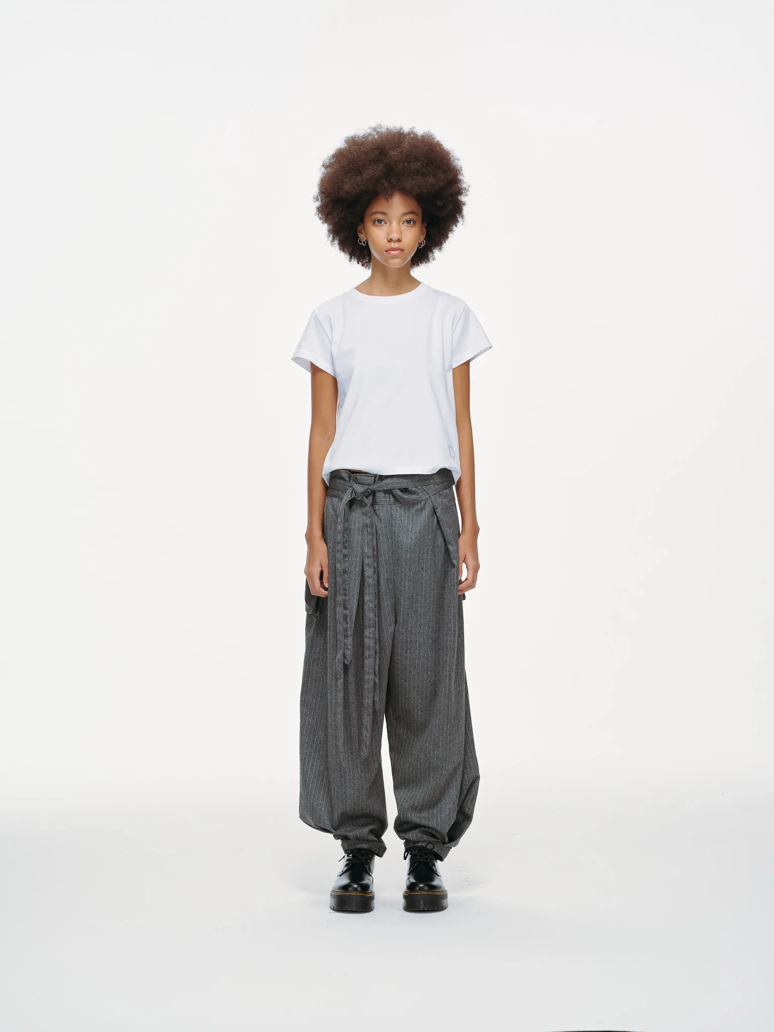 Noa Wrap-Front Pleated Pants – Wrap Around Sash Belt, Grey Pinstripe - Image 7