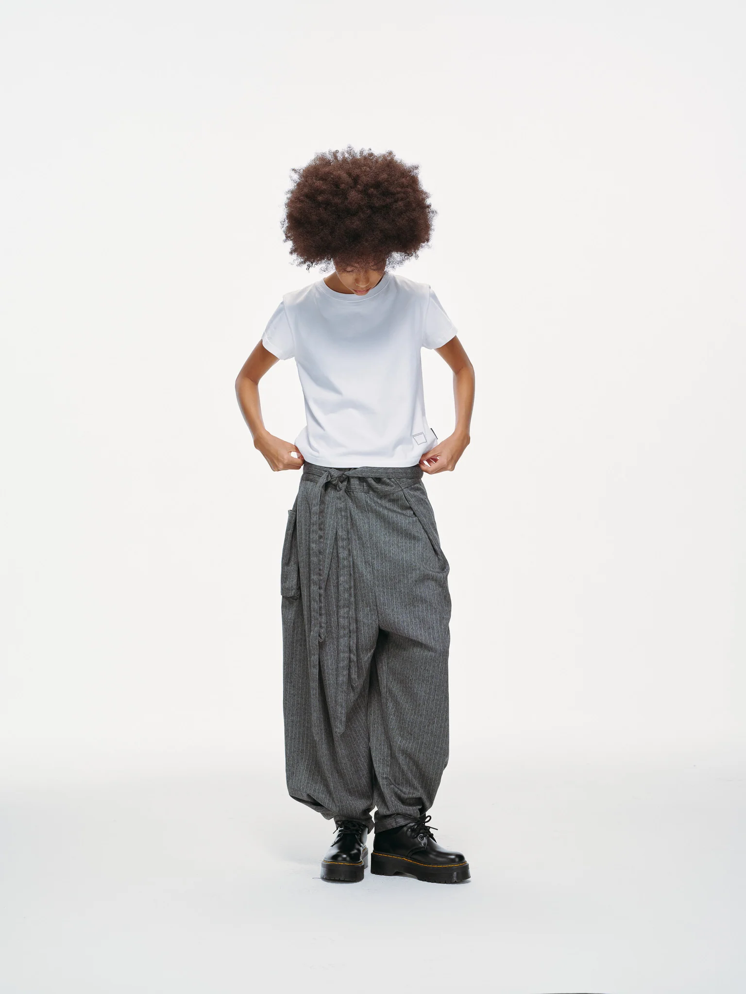 Noa Wrap-Front Pleated Pants – Wrap Around Sash Belt, Grey Pinstripe - Image 9