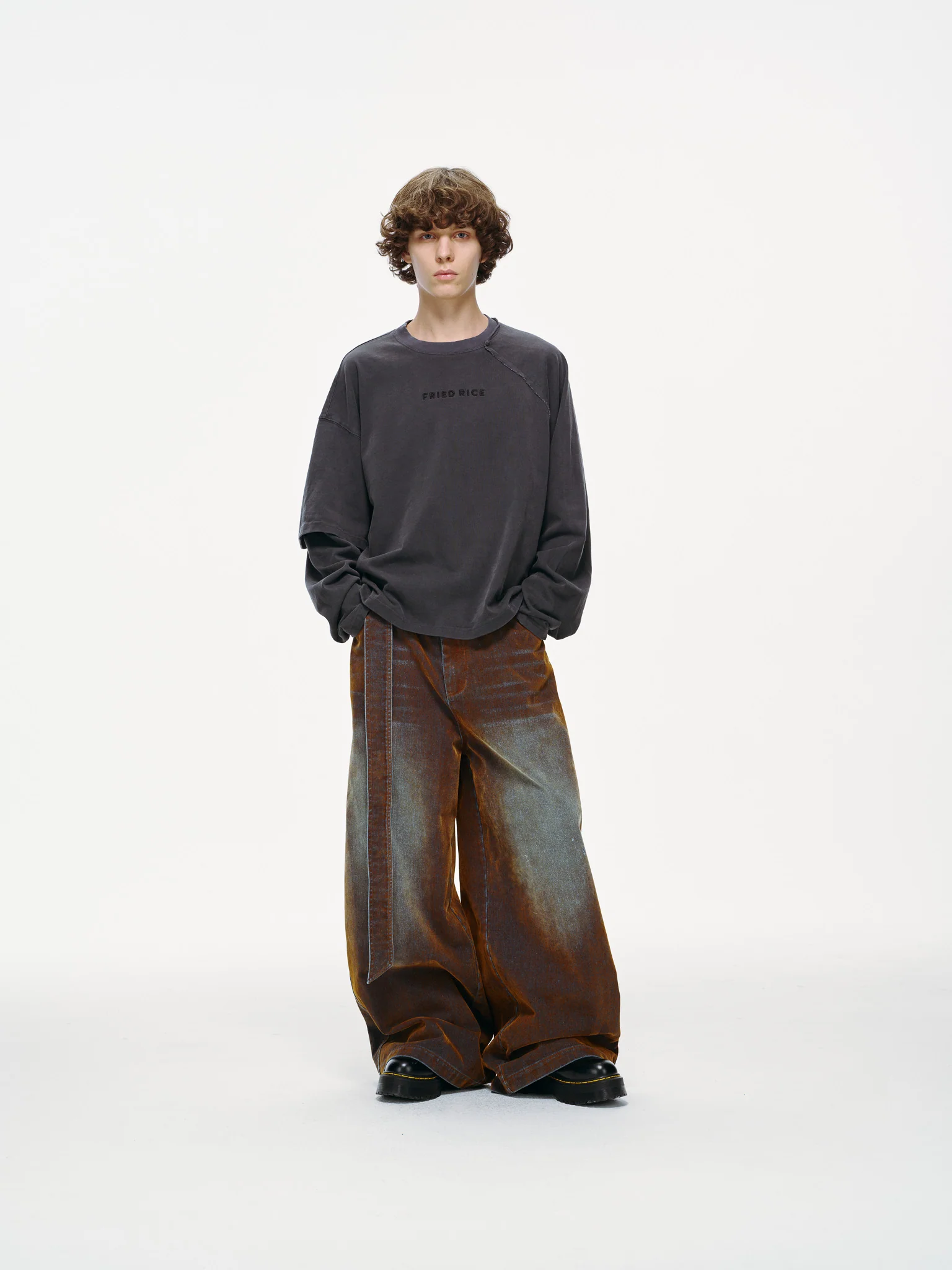 Rust Oil Slick Iridescent Wide Leg Denim Pants with Sash Belt - Image 3