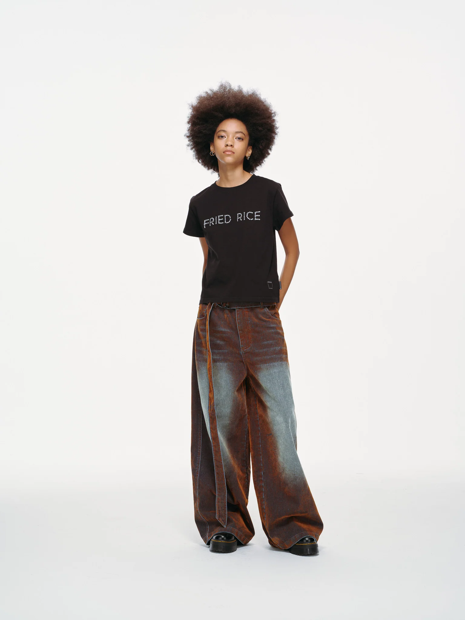 Rust Oil Slick Iridescent Wide Leg Denim Pants with Sash Belt - Image 4
