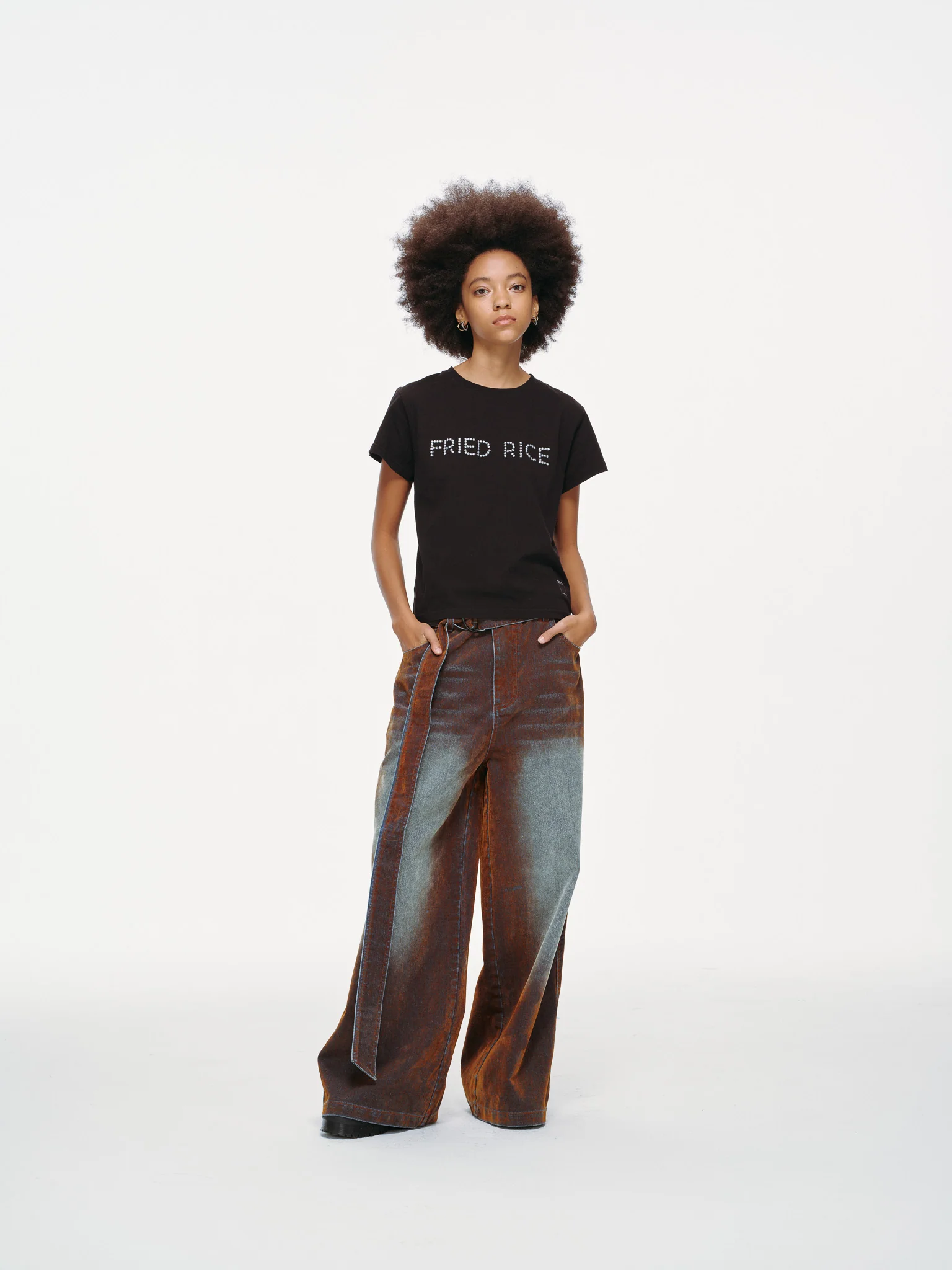 Rust Oil Slick Iridescent Wide Leg Denim Pants with Sash Belt - Image 5