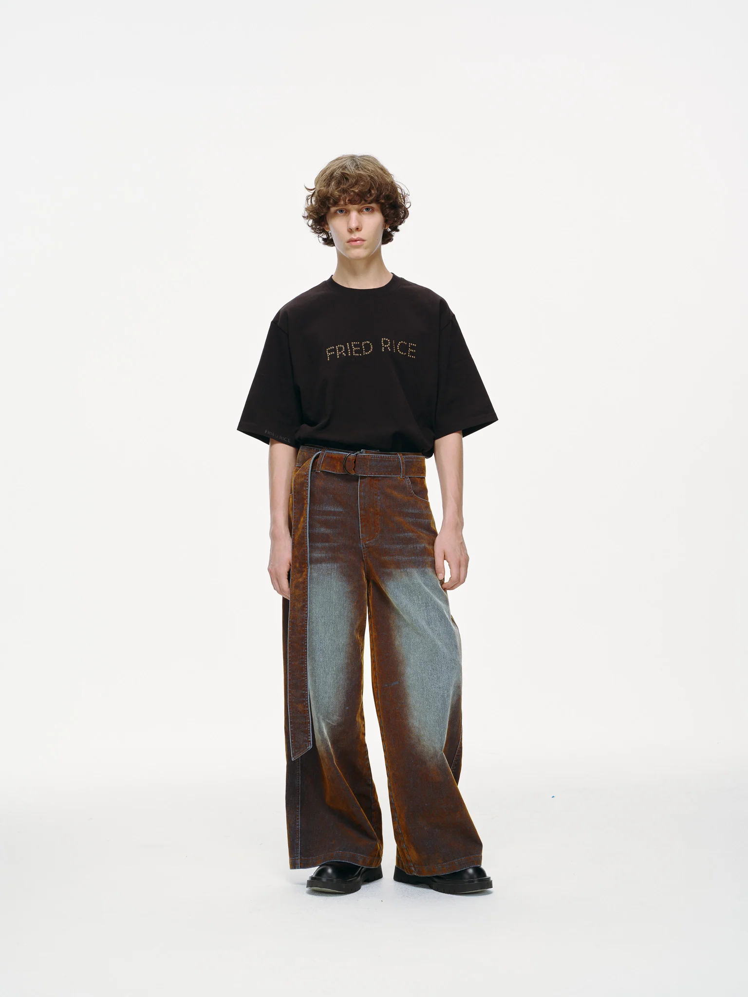 Rust Oil Slick Iridescent Wide Leg Denim Pants with Sash Belt - Image 7