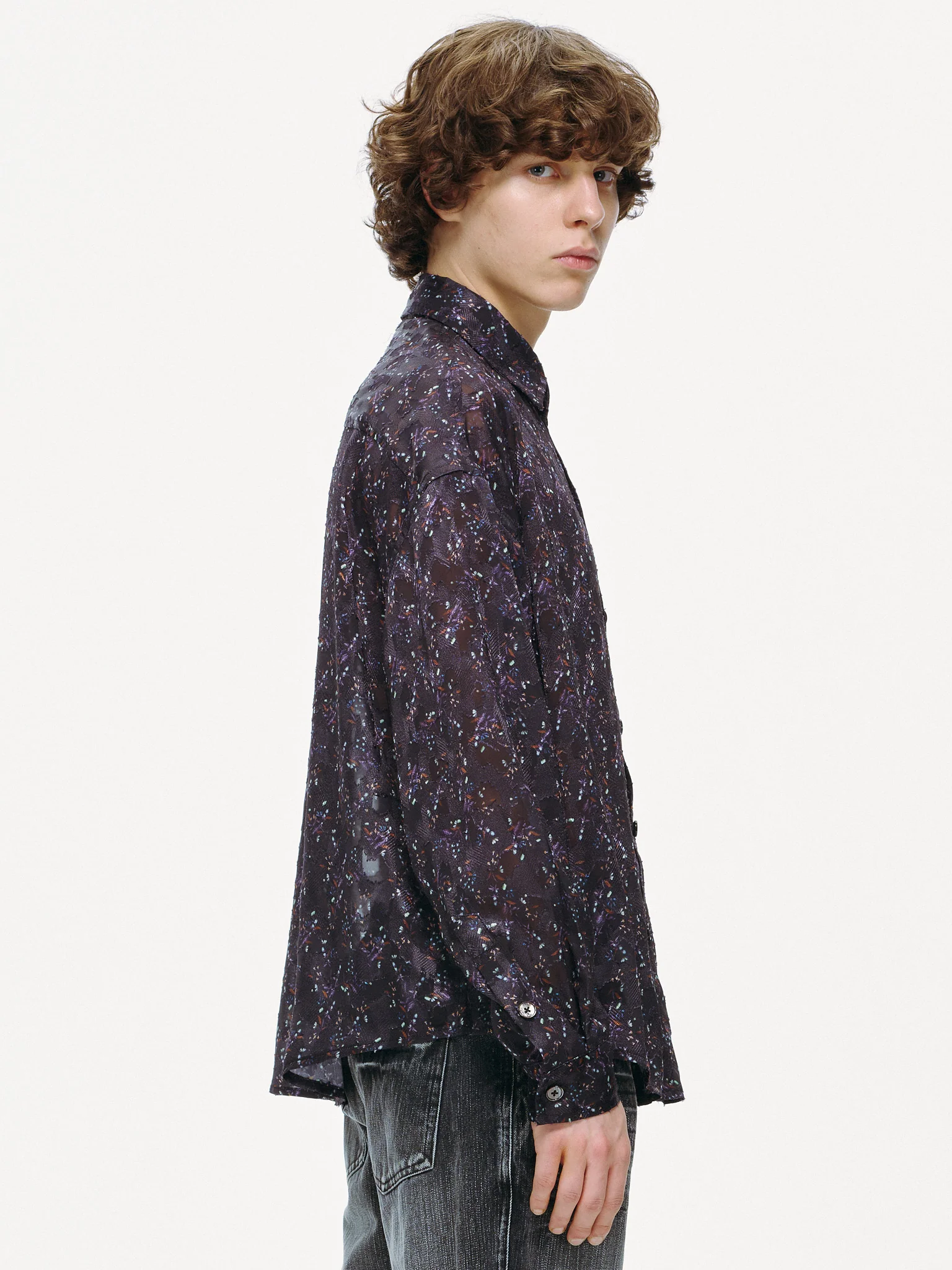 Sheer Floral Button-Up Shirt - Violet - Image 10