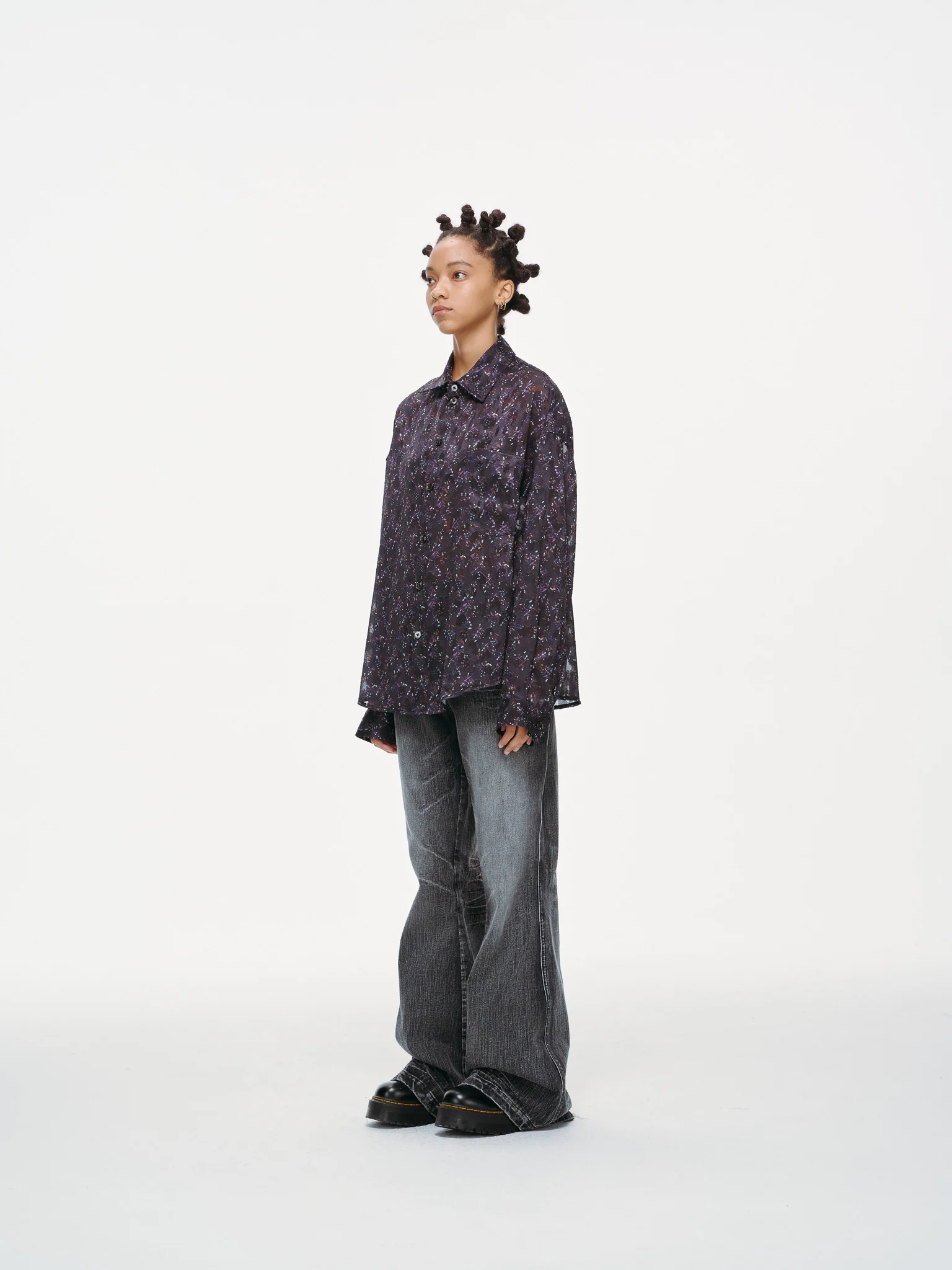 Sheer Floral Button-Up Shirt - Violet - Image 11