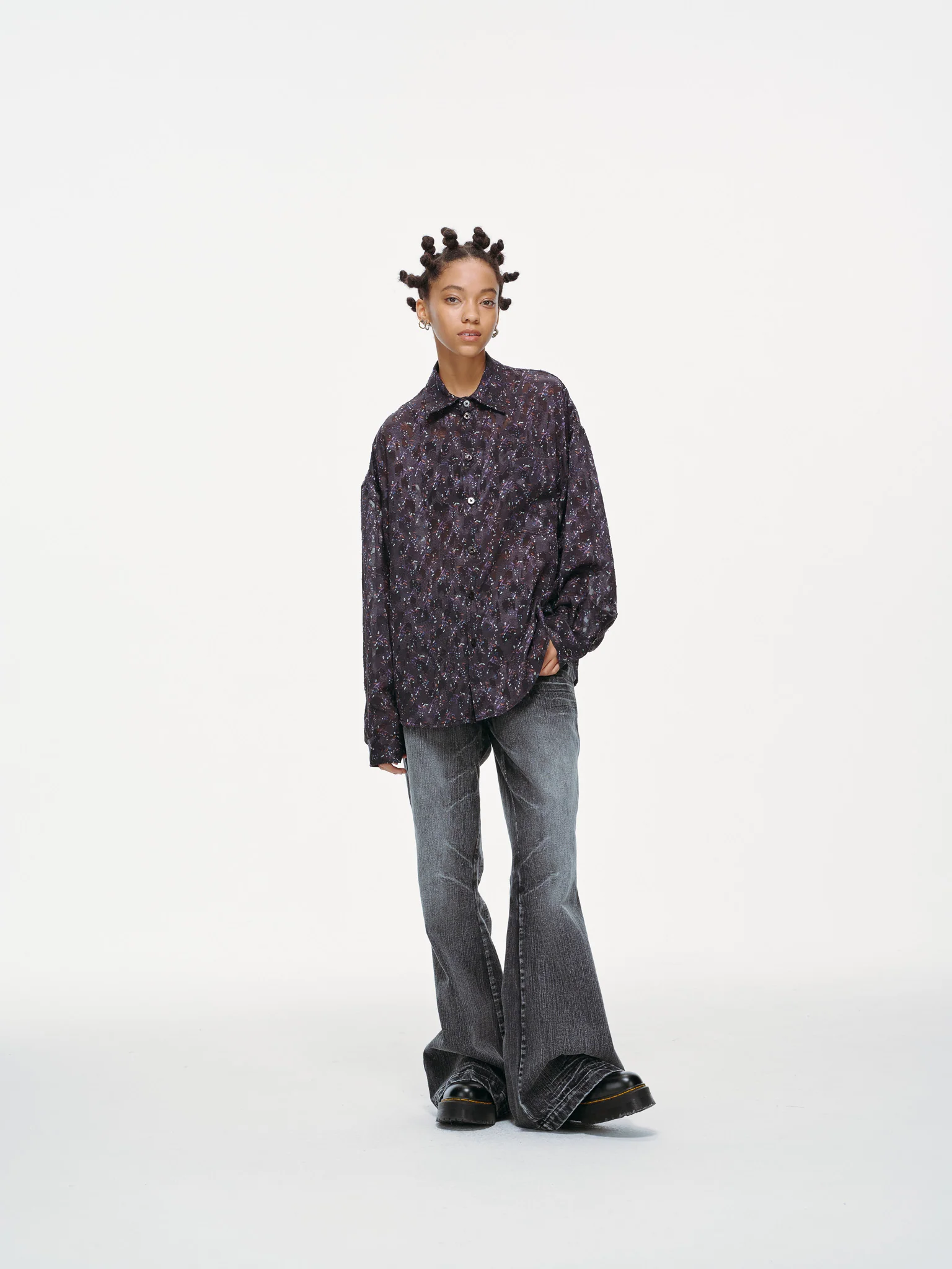 Sheer Floral Button-Up Shirt - Violet - Image 12