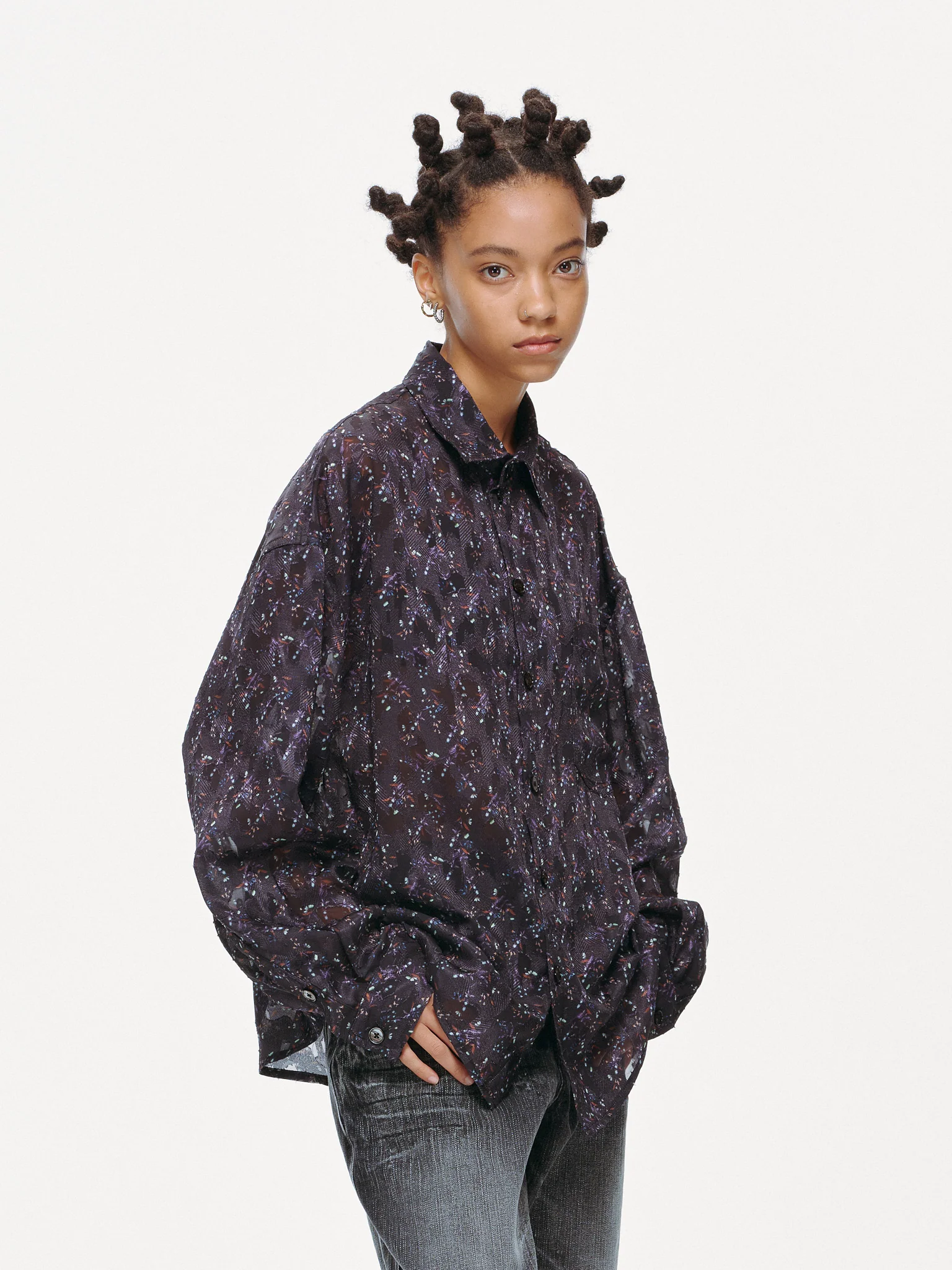 Sheer Floral Button-Up Shirt - Violet - Image 13