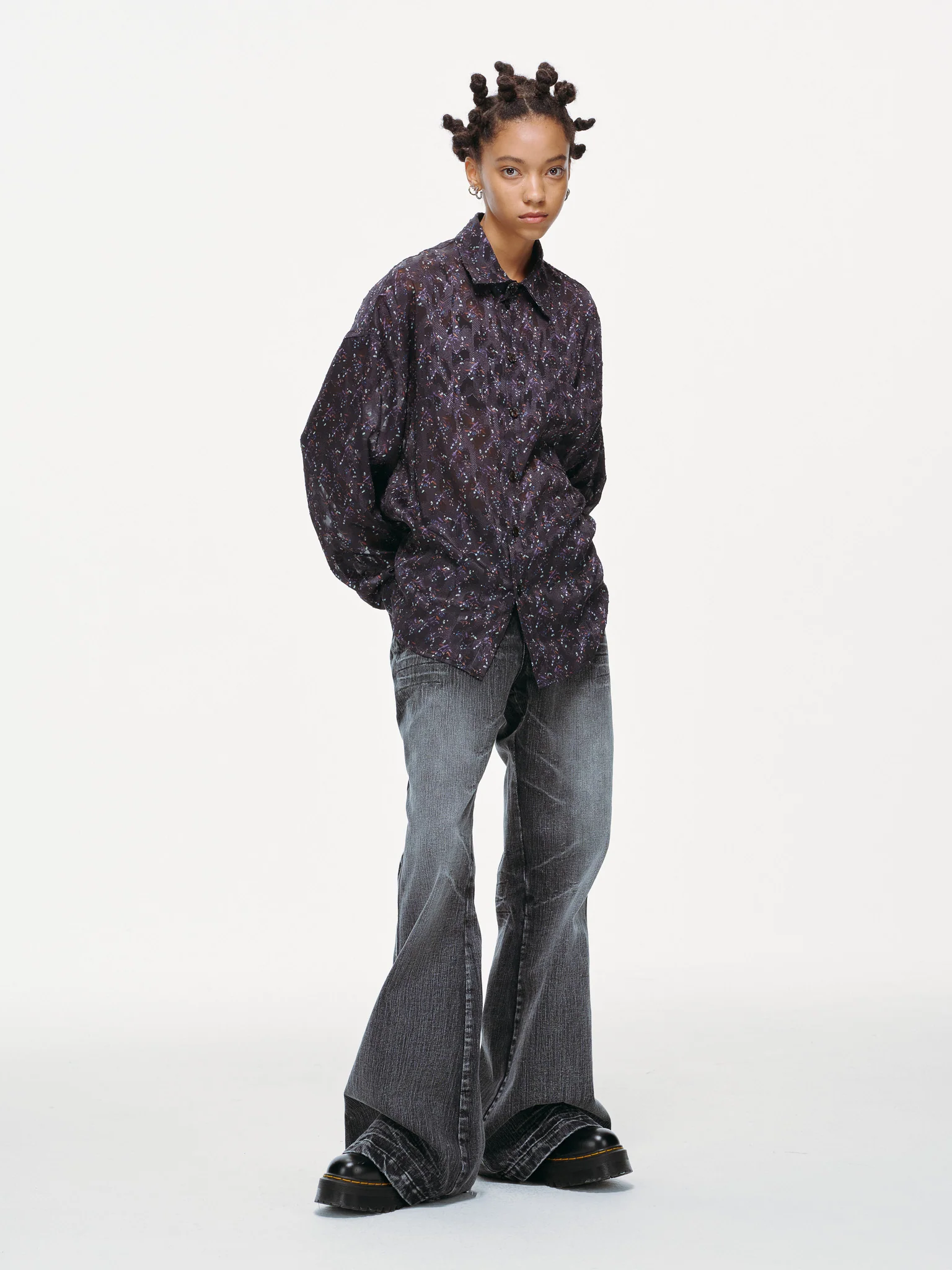 Sheer Floral Button-Up Shirt - Violet - Image 14