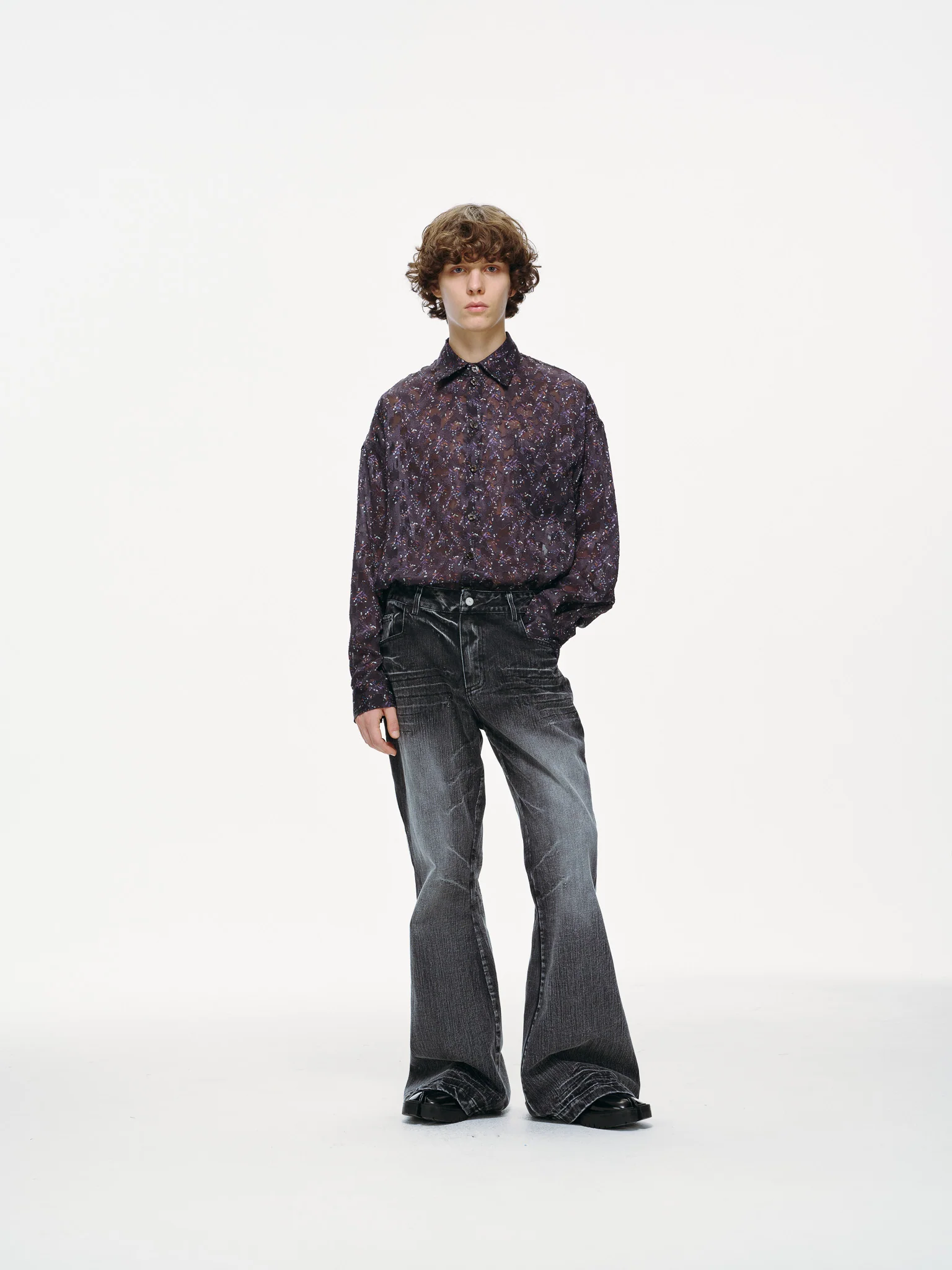 Sheer Floral Button-Up Shirt - Violet - Image 16