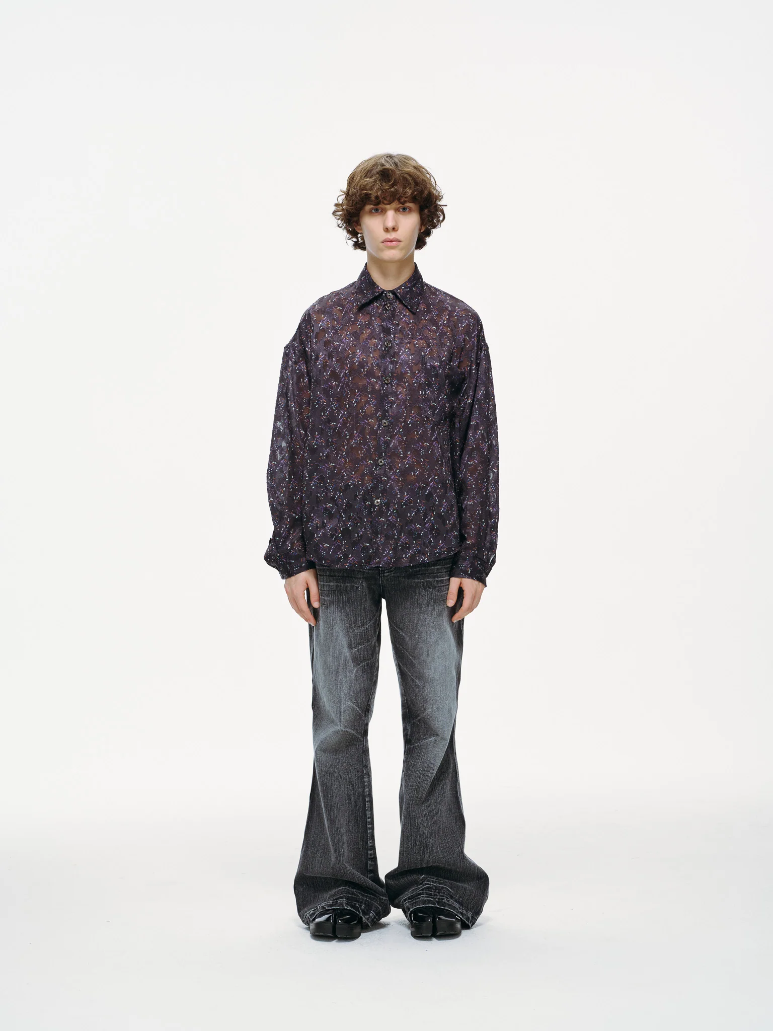 Sheer Floral Button-Up Shirt - Violet - Image 3