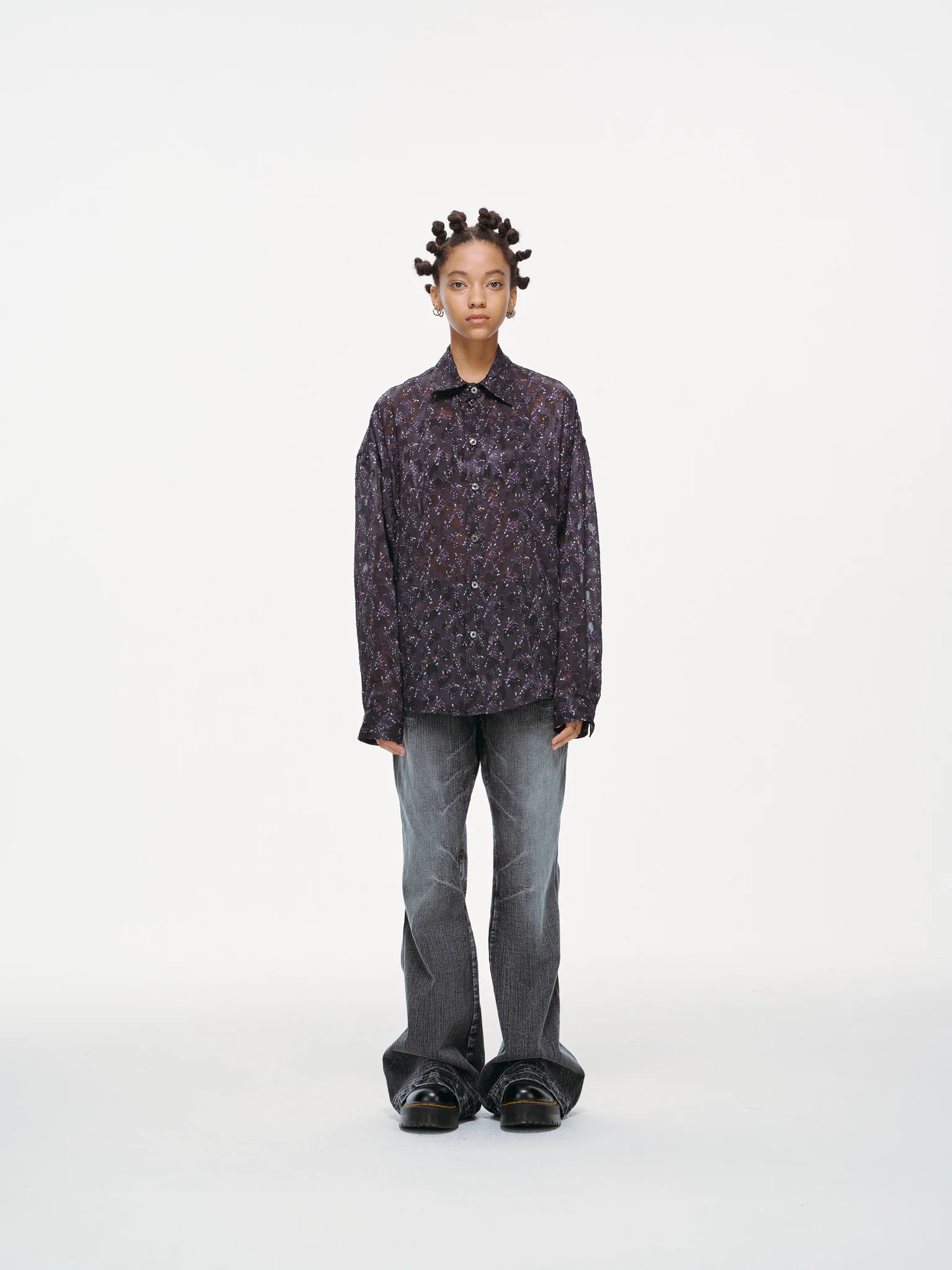 Sheer Floral Button-Up Shirt - Violet - Image 4