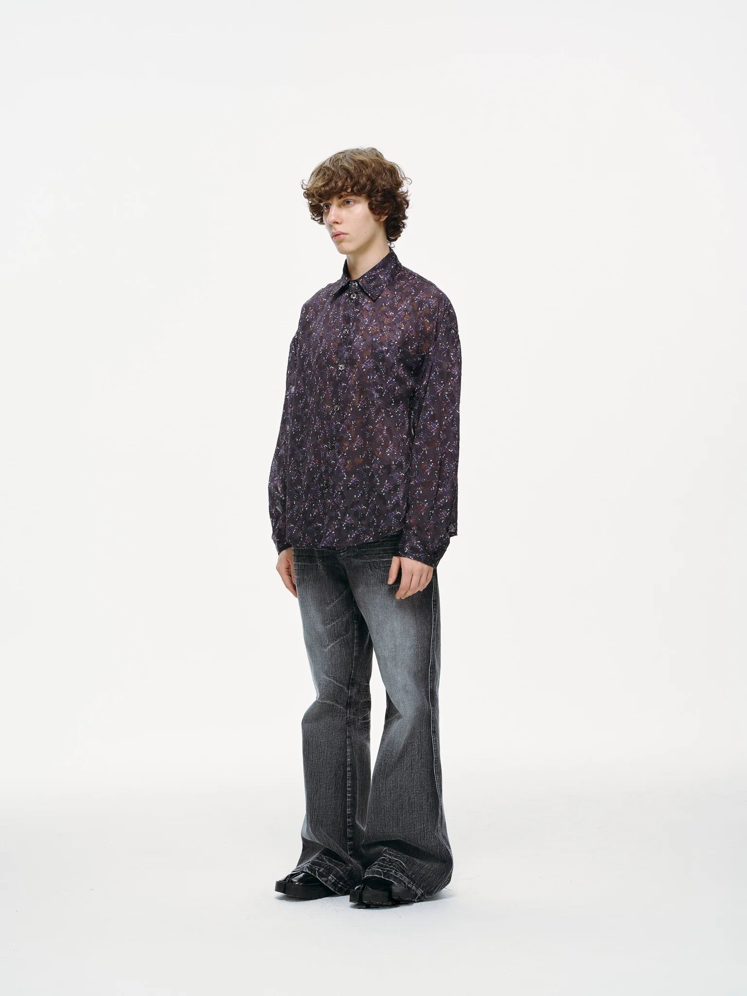 Sheer Floral Button-Up Shirt - Violet - Image 5