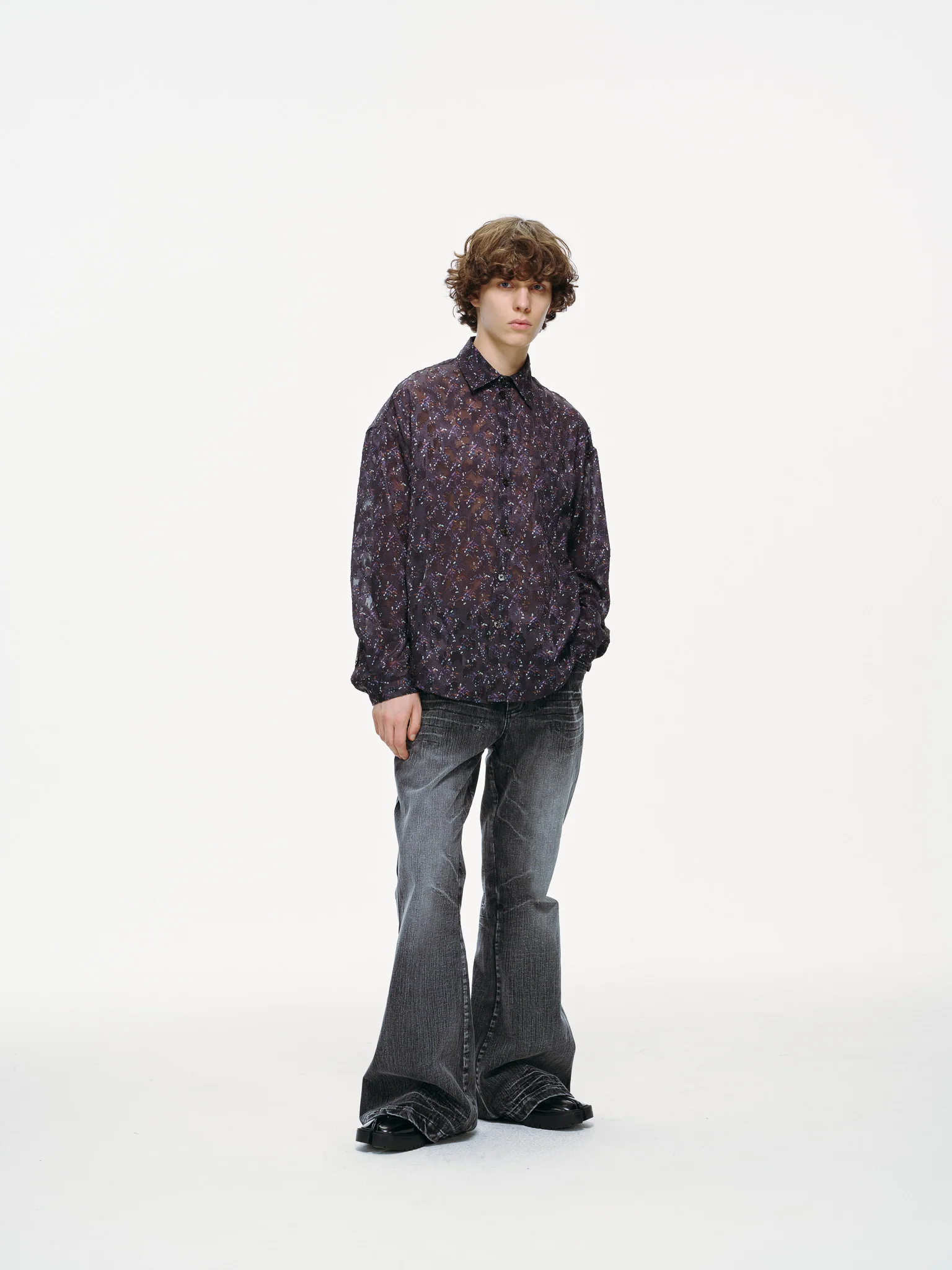 Sheer Floral Button-Up Shirt - Violet - Image 6