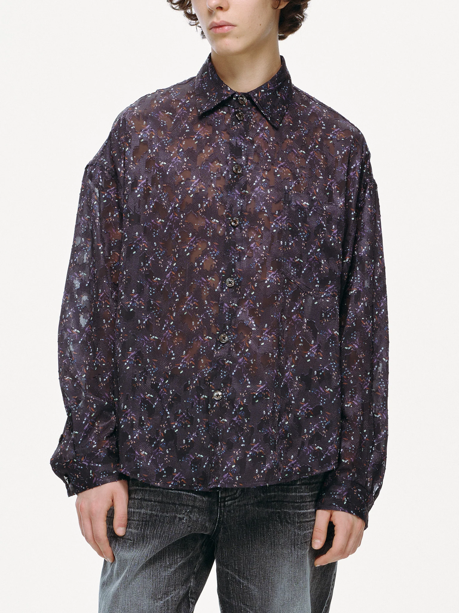 Sheer Floral Button-Up Shirt - Violet - Image 7