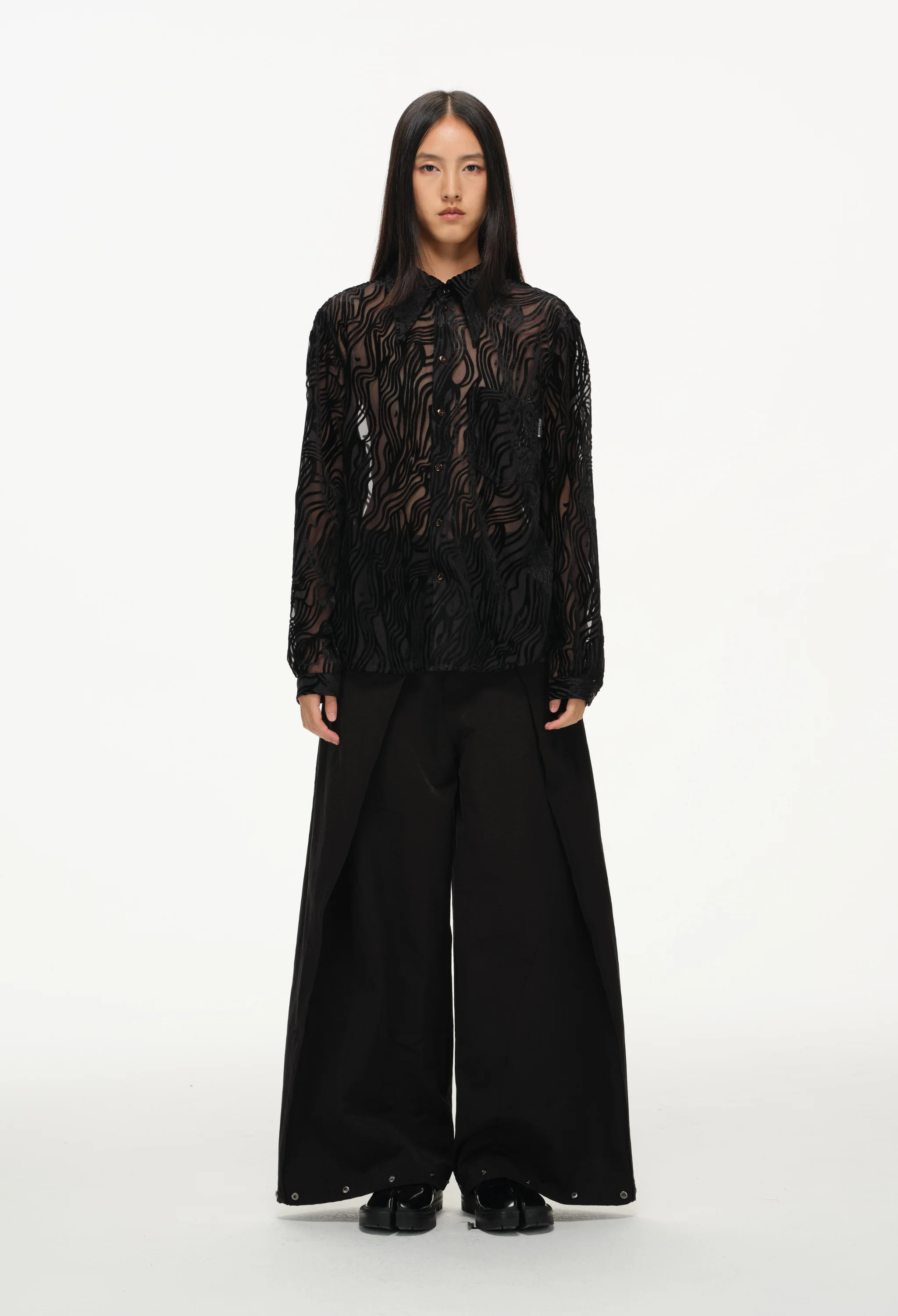 Sheer Wavy Button-Up Shirt - Midnight - Image 3