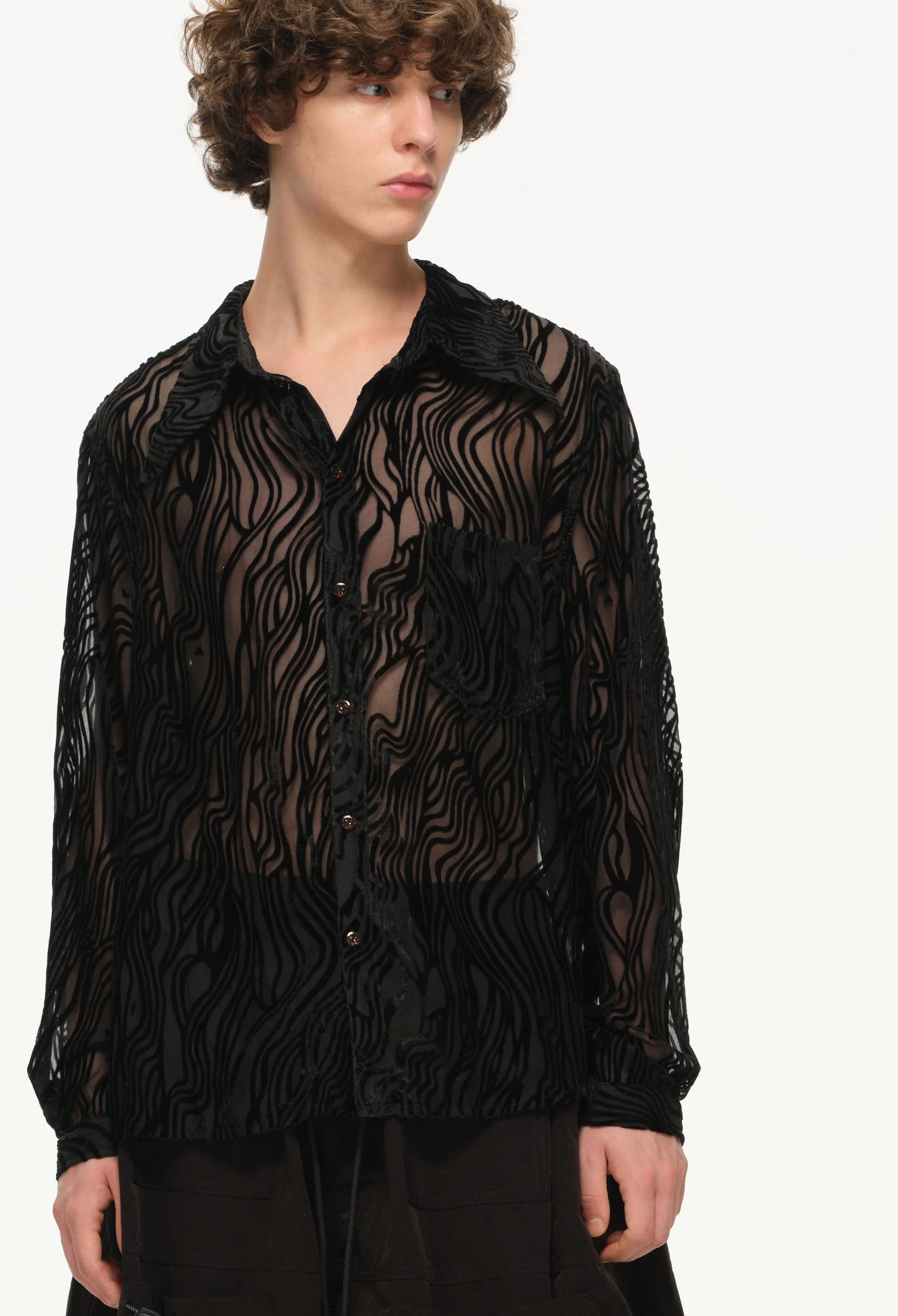 Sheer Wavy Button-Up Shirt - Midnight - Image 4