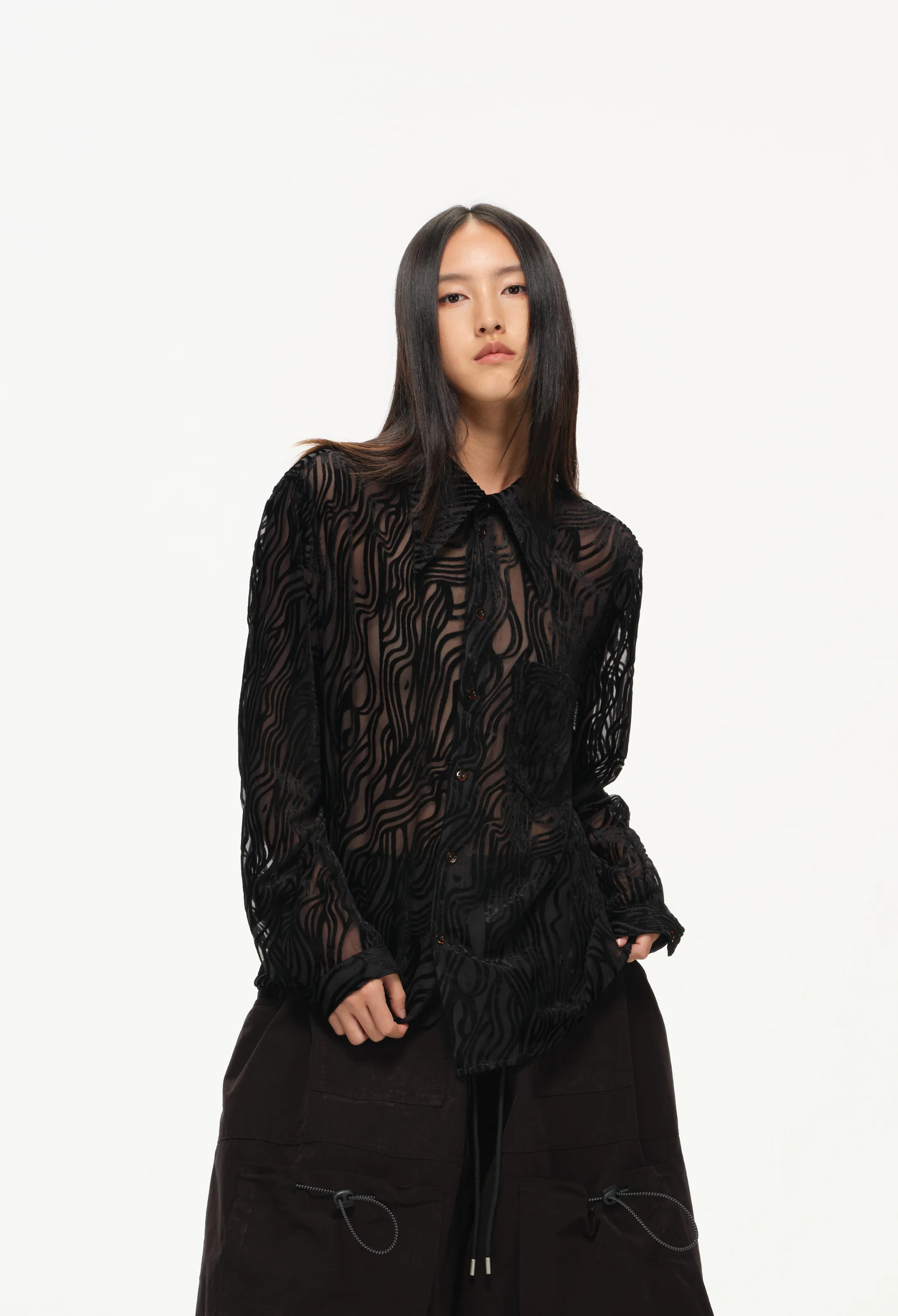 Sheer Wavy Button-Up Shirt - Midnight - Image 5
