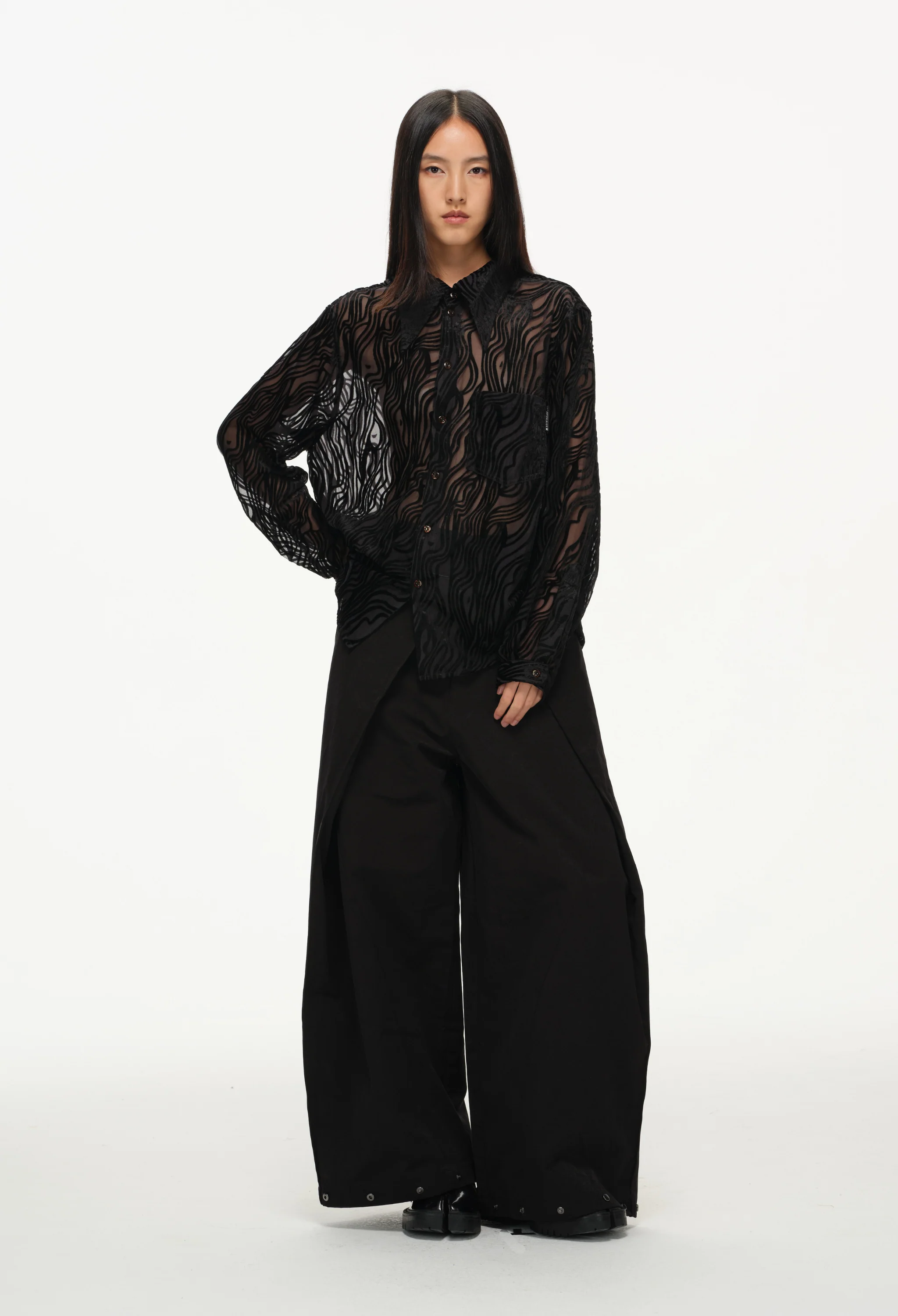 Sheer Wavy Button-Up Shirt - Midnight - Image 8