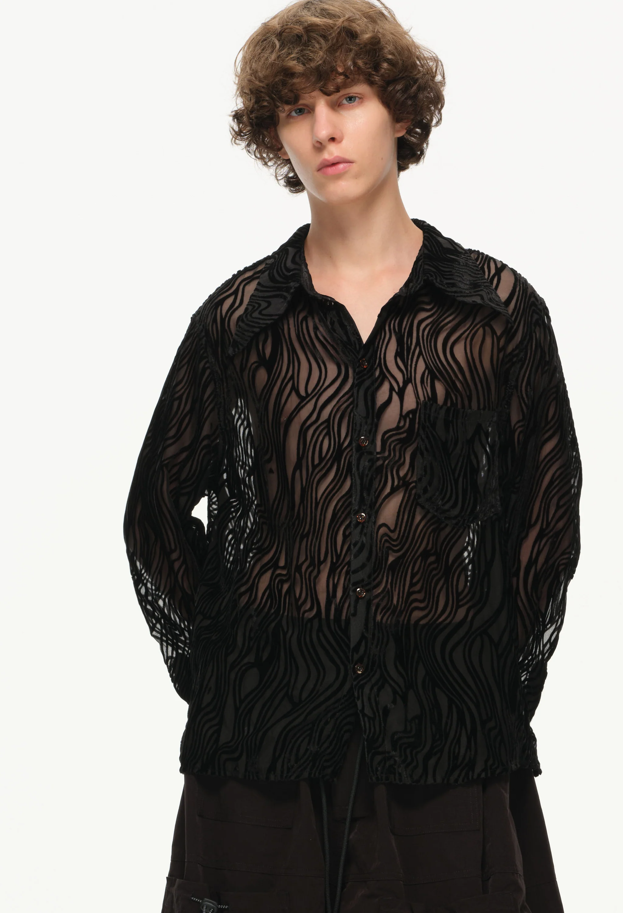 Sheer Wavy Button-Up Shirt - Midnight - Image 9