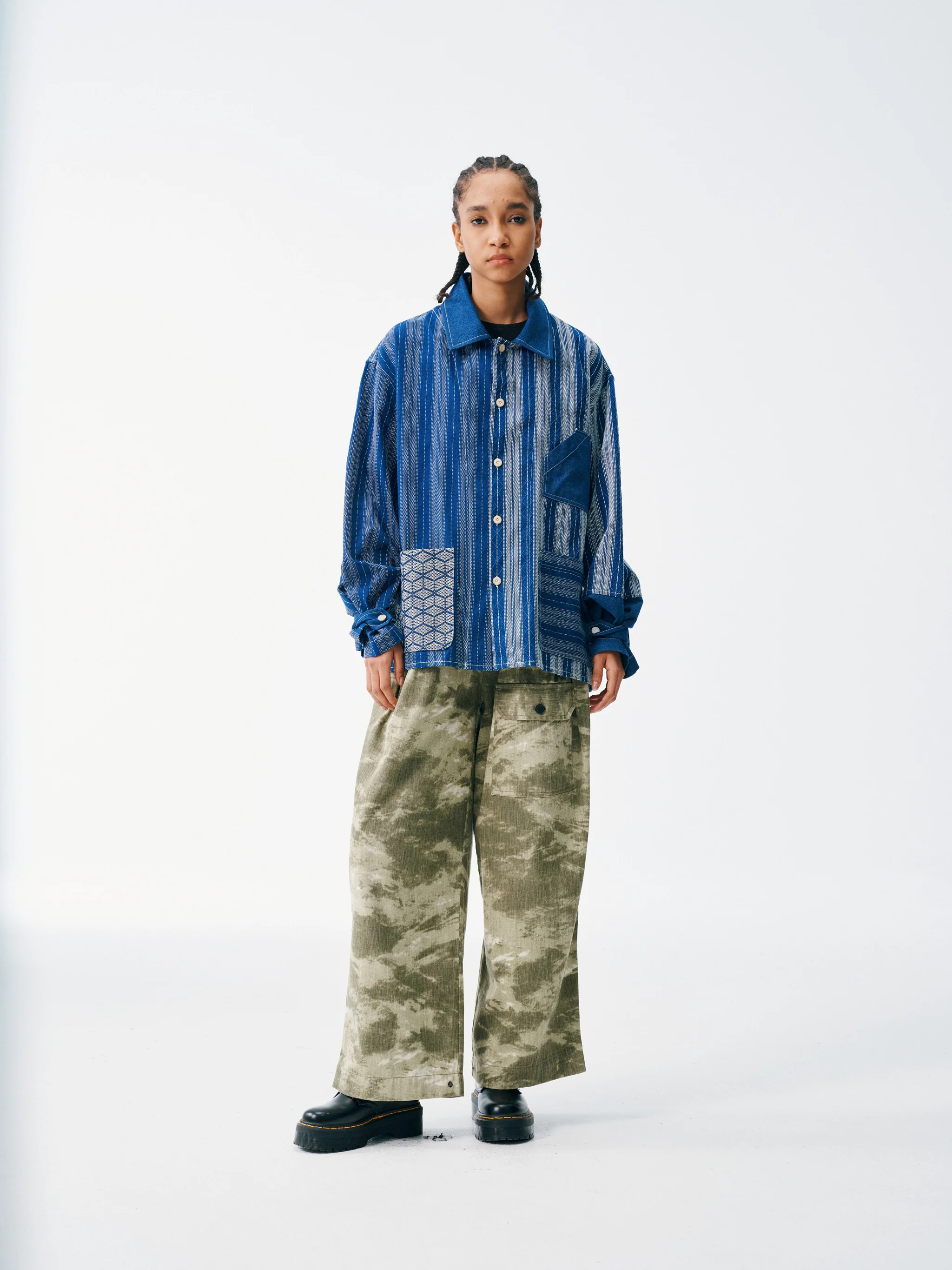 Striped Patch Workman Shirt – Indigo Contrasting Patterns - Image 16