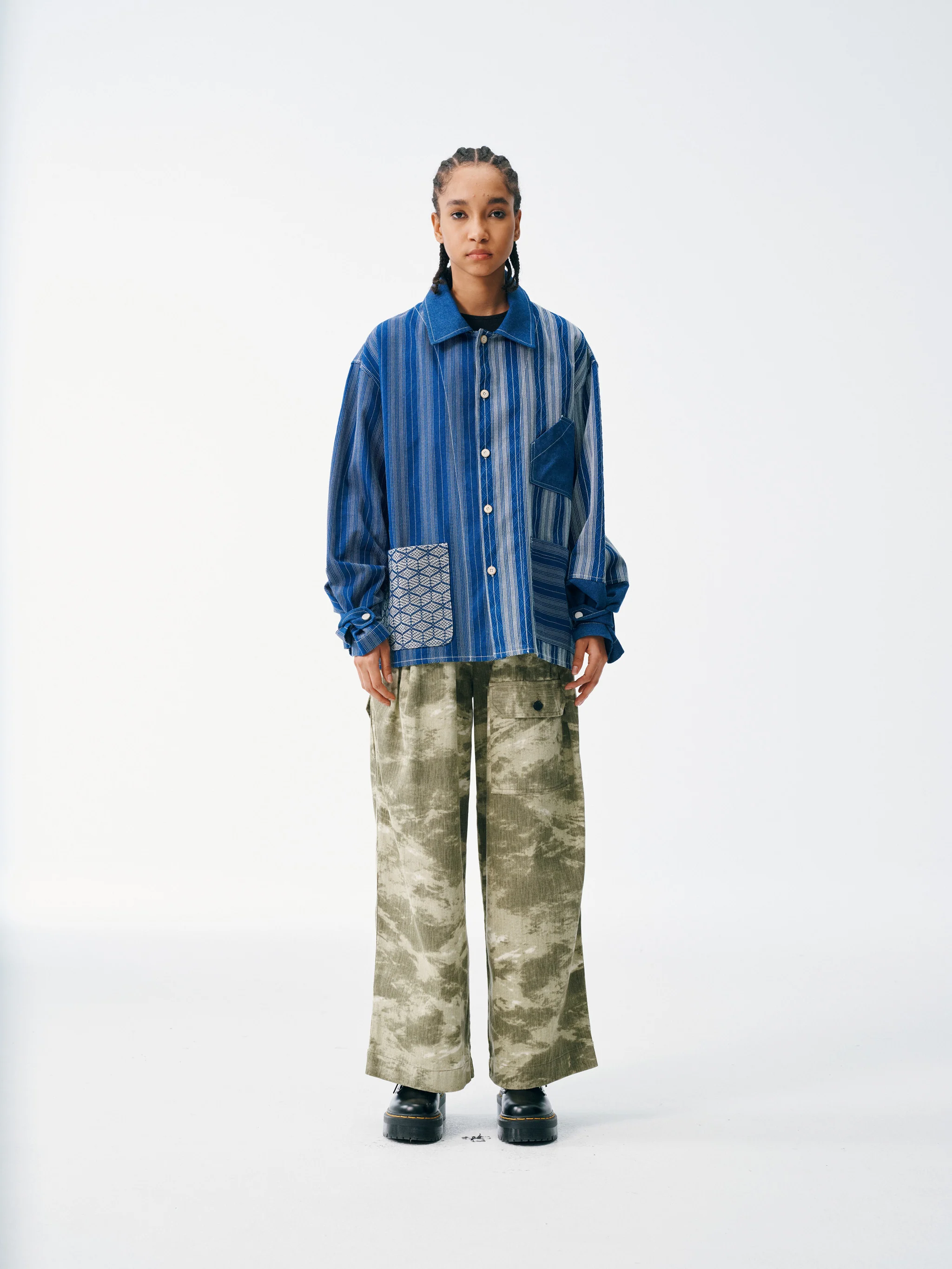 Striped Patch Workman Shirt – Indigo Contrasting Patterns - Image 17