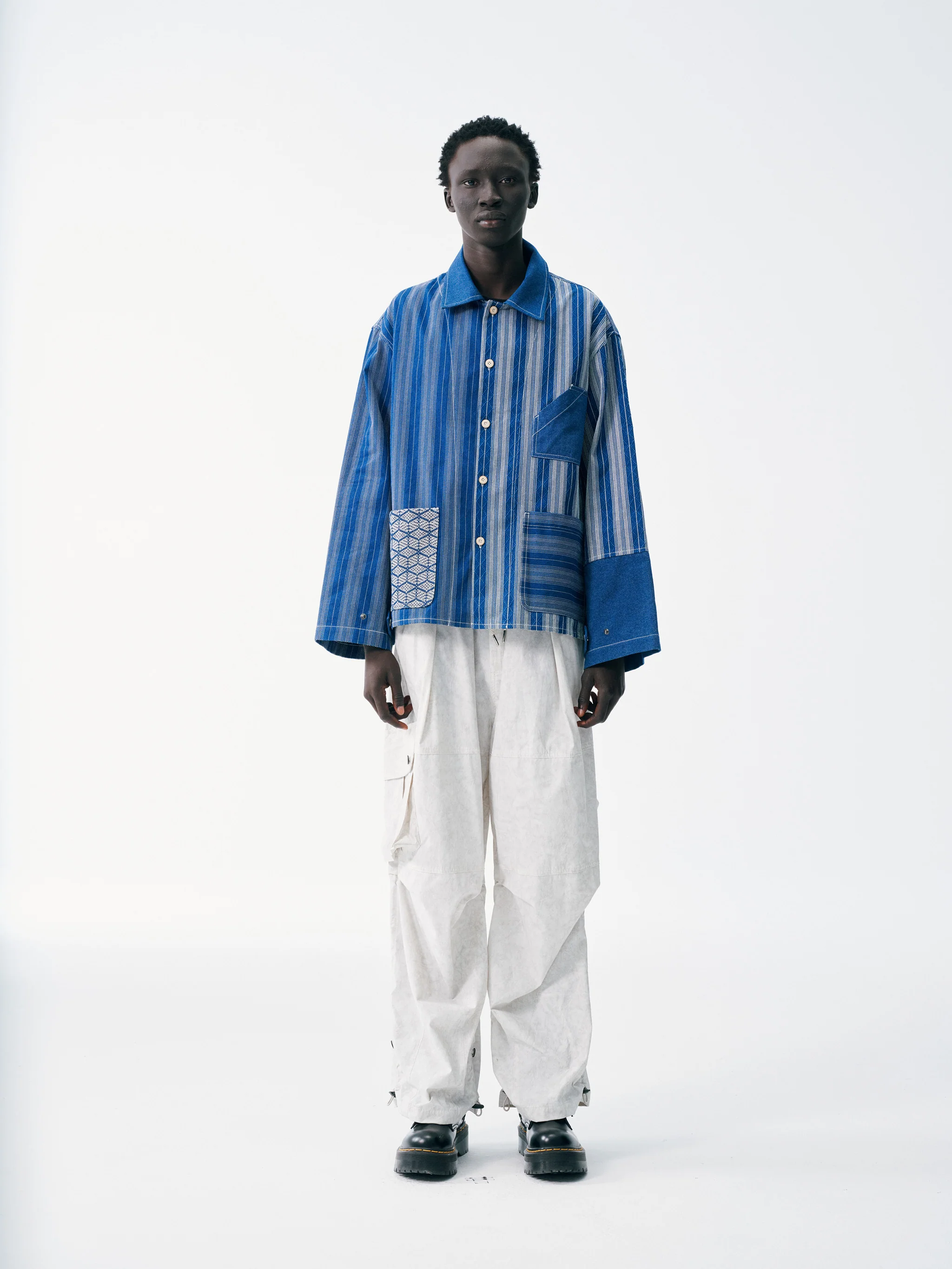 Striped Patch Workman Shirt – Indigo Contrasting Patterns - Image 3