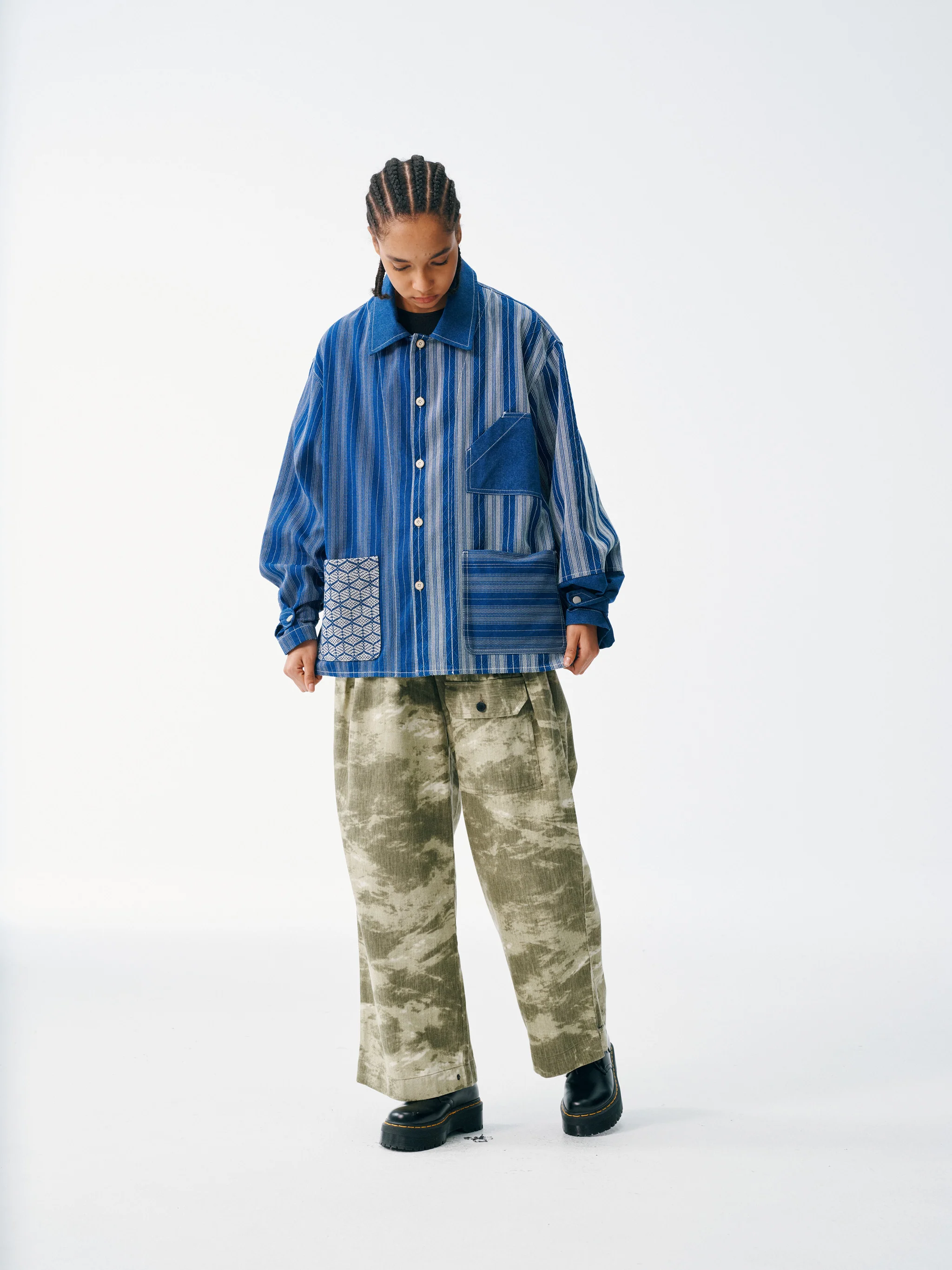 Striped Patch Workman Shirt – Indigo Contrasting Patterns - Image 4