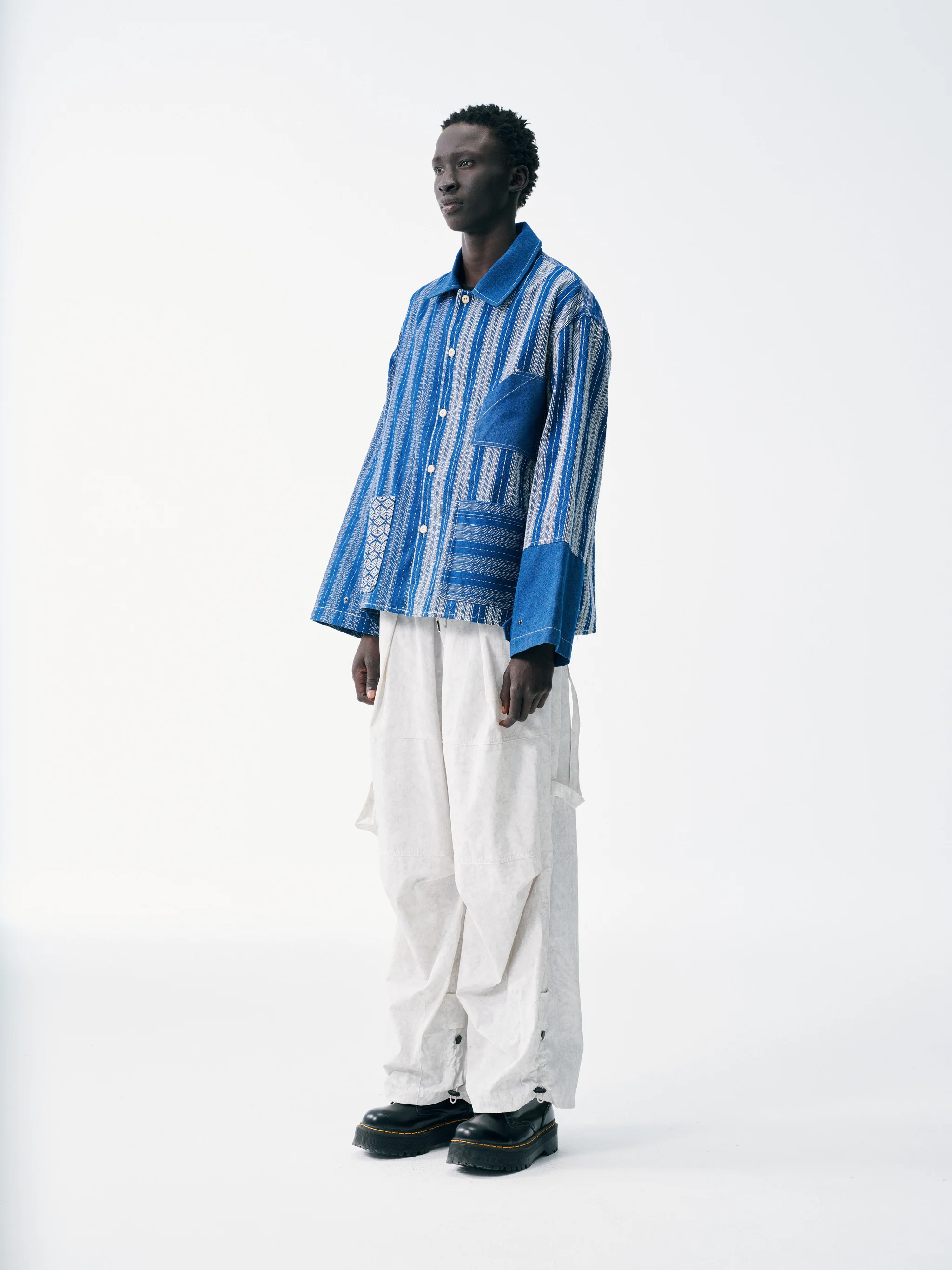 Striped Patch Workman Shirt – Indigo Contrasting Patterns - Image 5