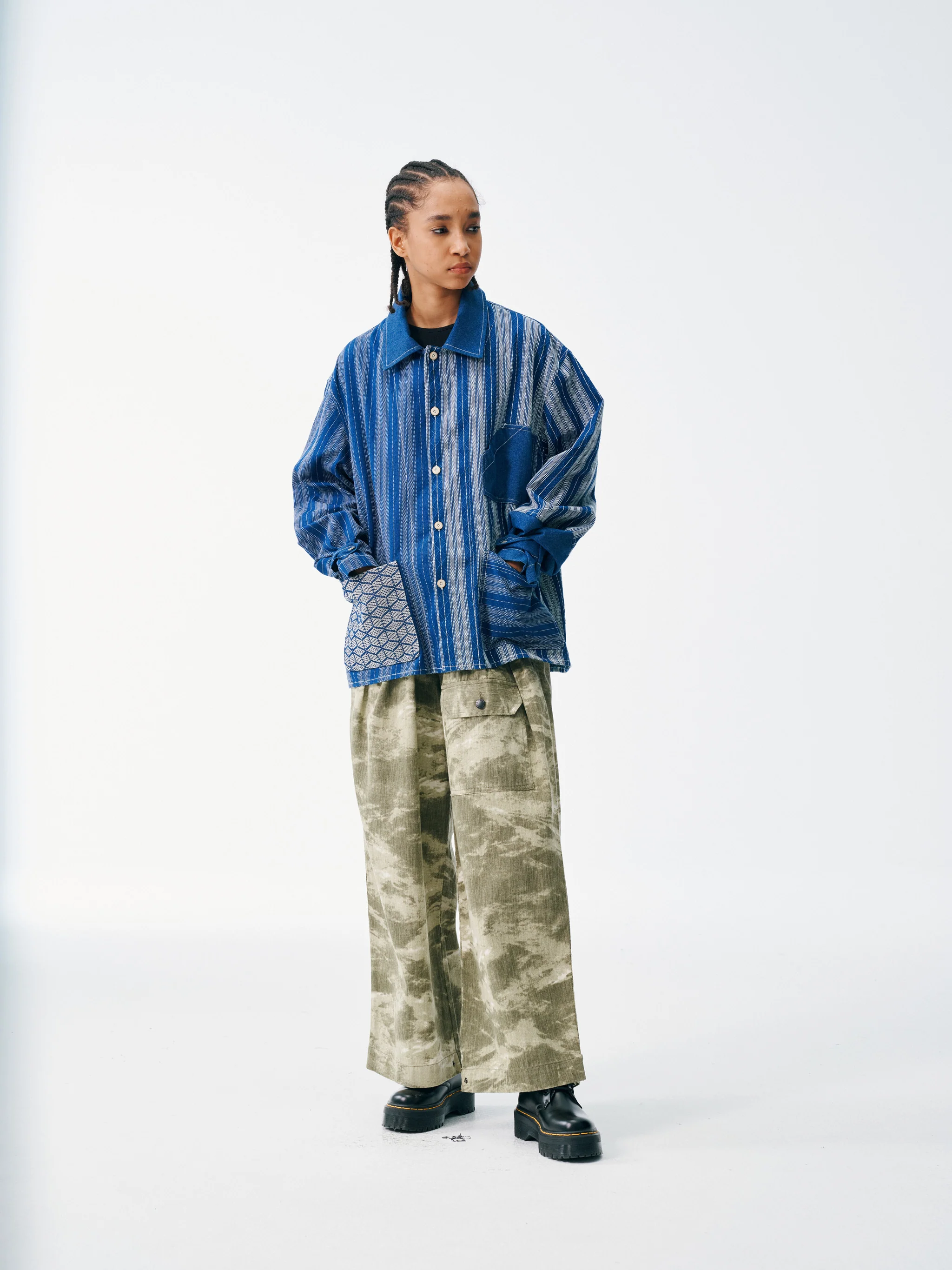 Striped Patch Workman Shirt – Indigo Contrasting Patterns - Image 7