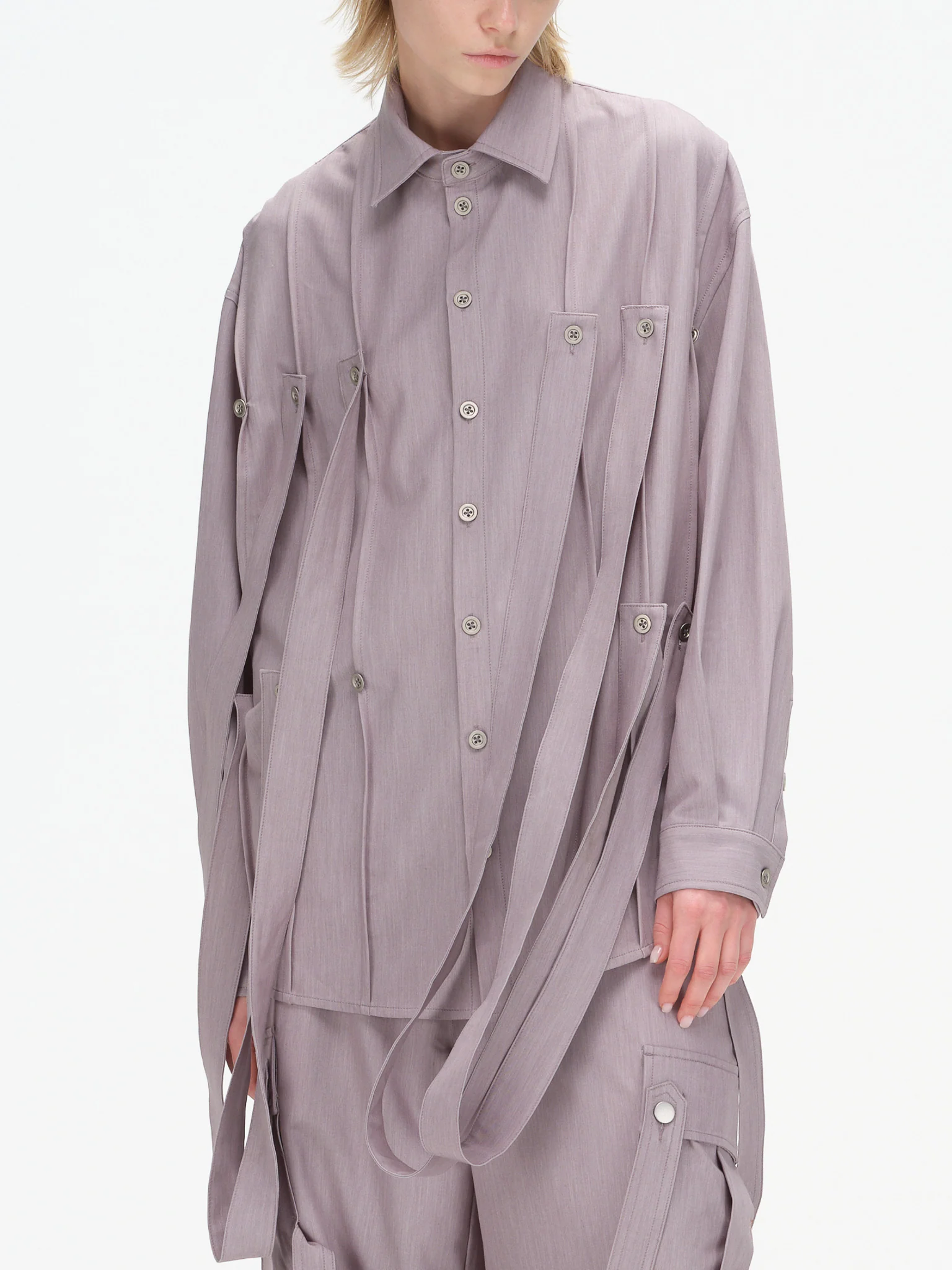 Styleable Strap Long Sleeve Button Up - Lavender Grey - Image 11