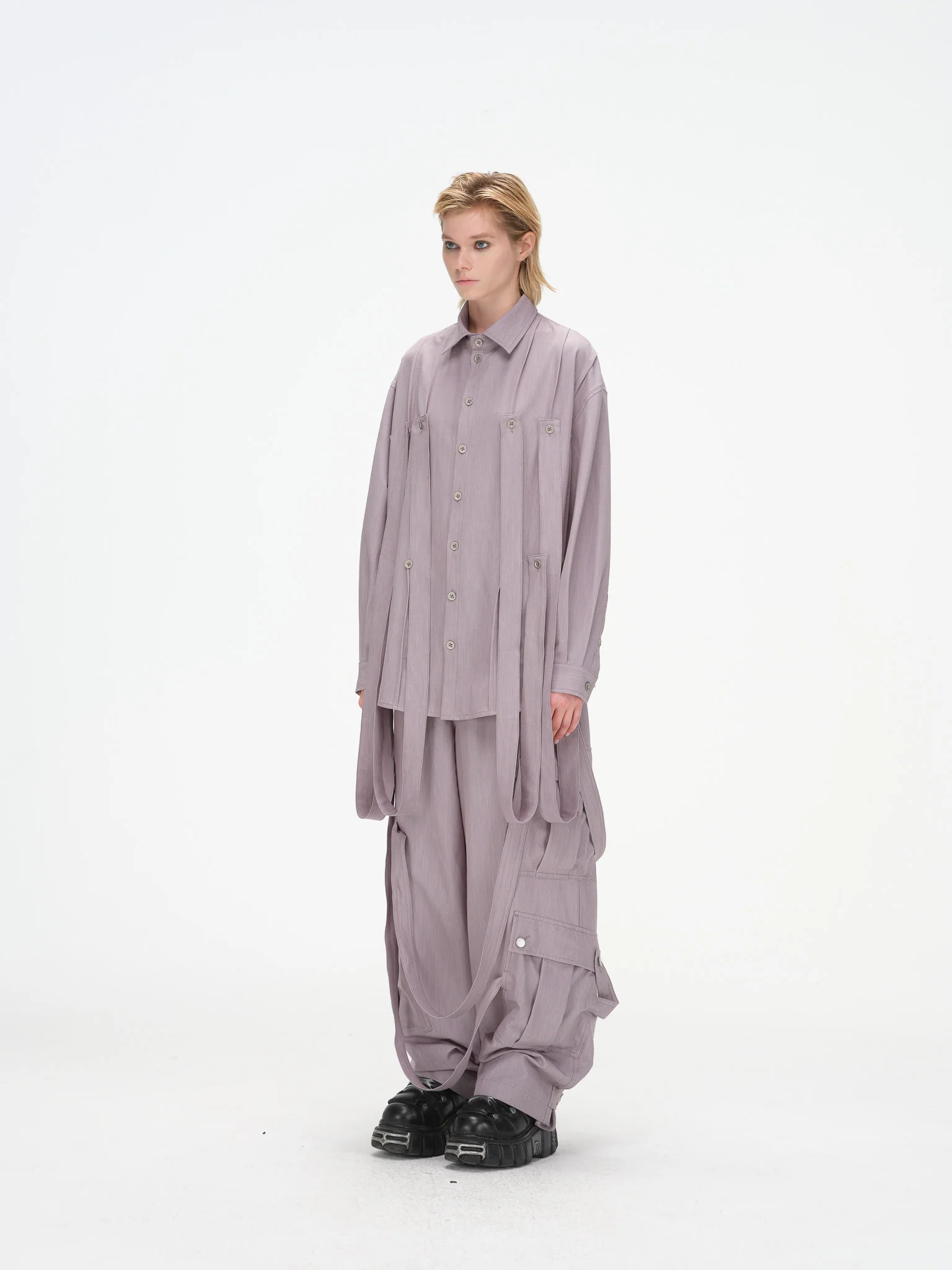 Styleable Strap Long Sleeve Button Up - Lavender Grey - Image 19