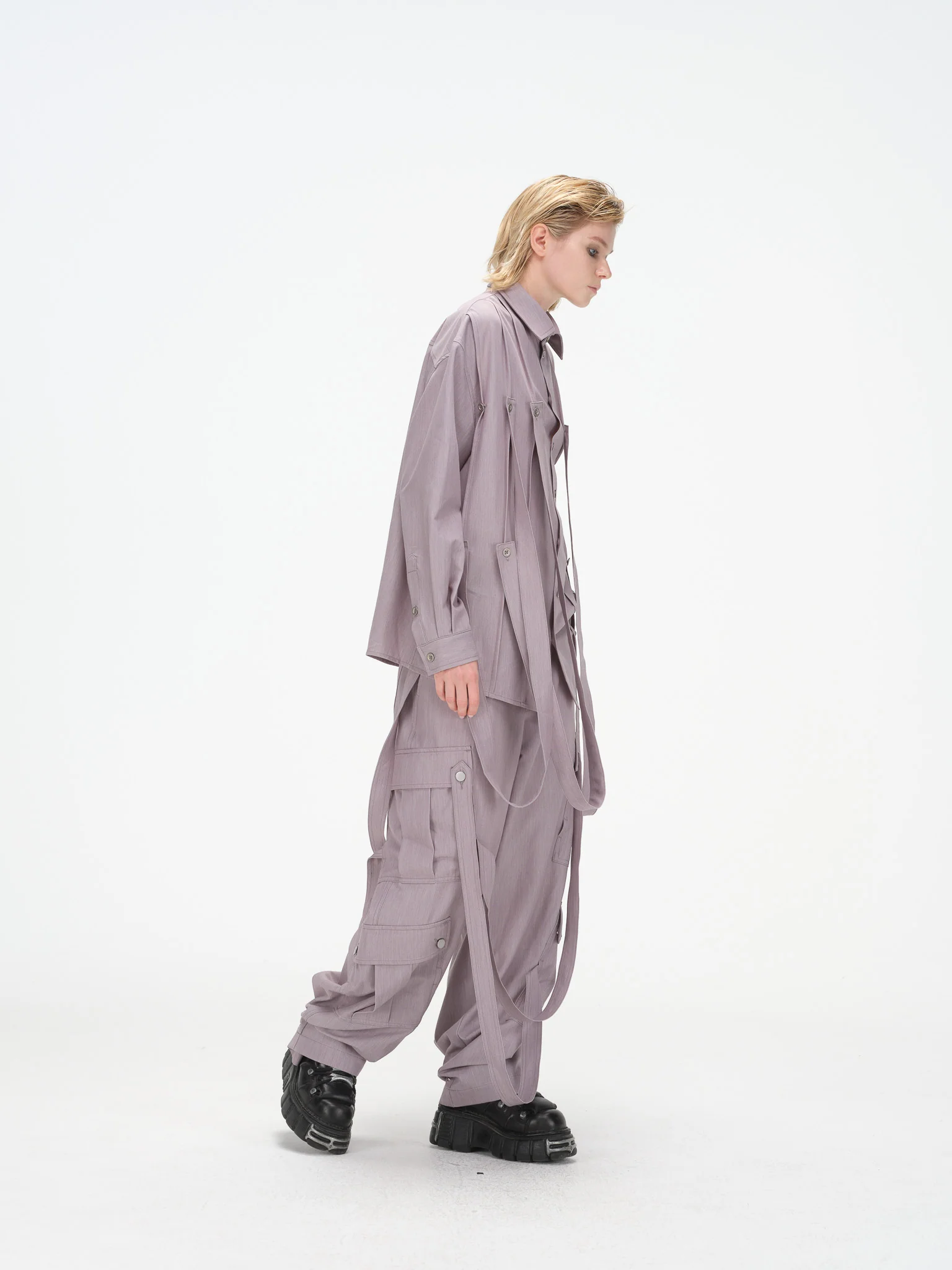 Styleable Strap Long Sleeve Button Up - Lavender Grey - Image 20