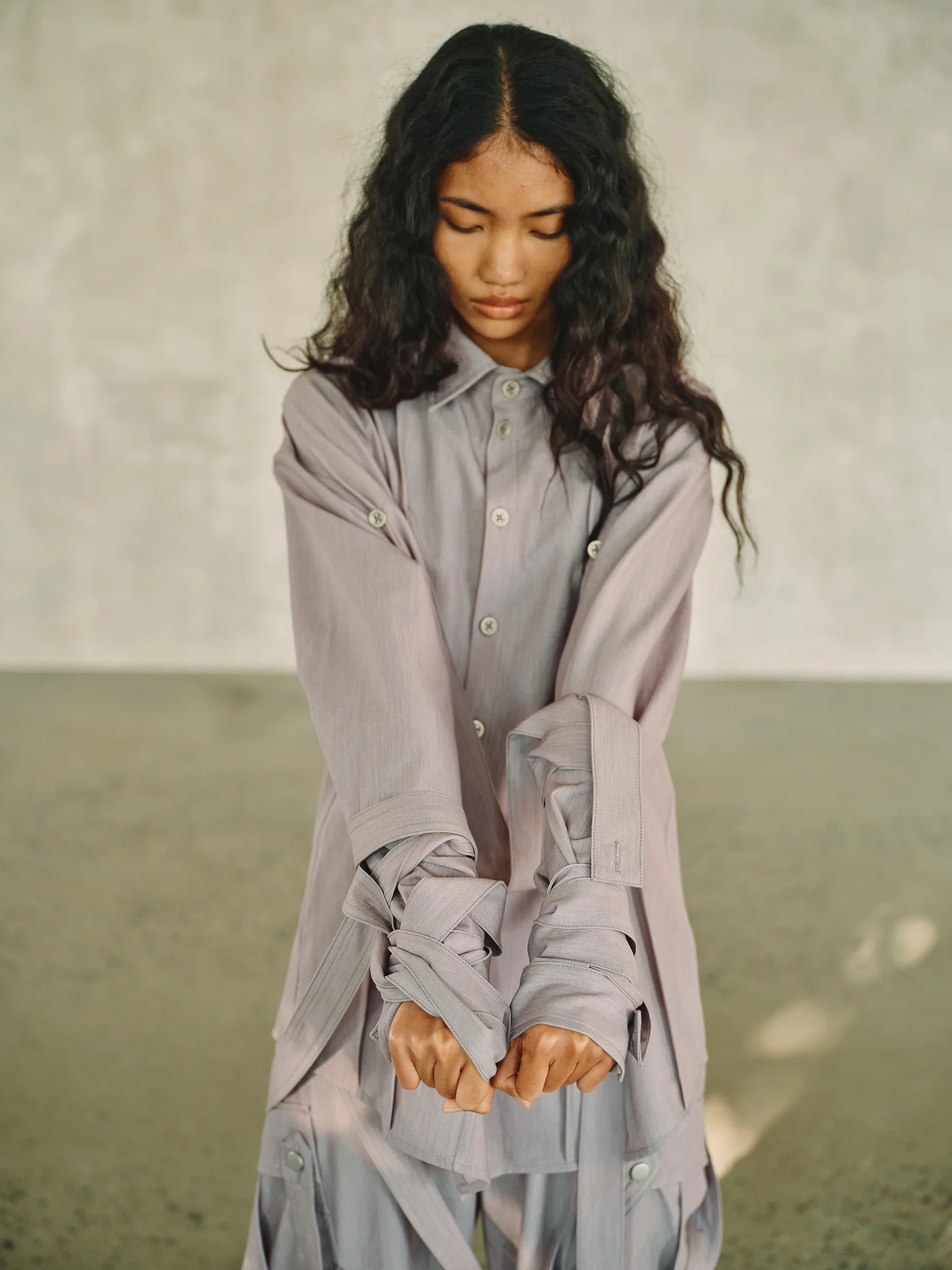 Styleable Strap Long Sleeve Button Up - Lavender Grey - Image 3