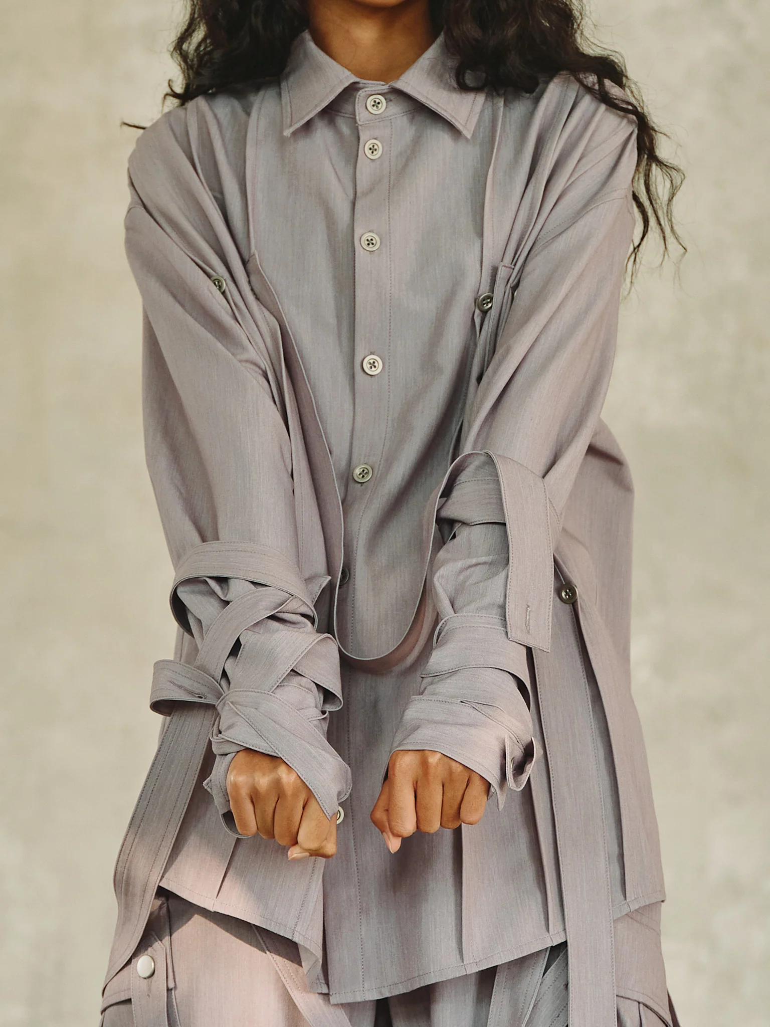 Styleable Strap Long Sleeve Button Up - Lavender Grey - Image 4