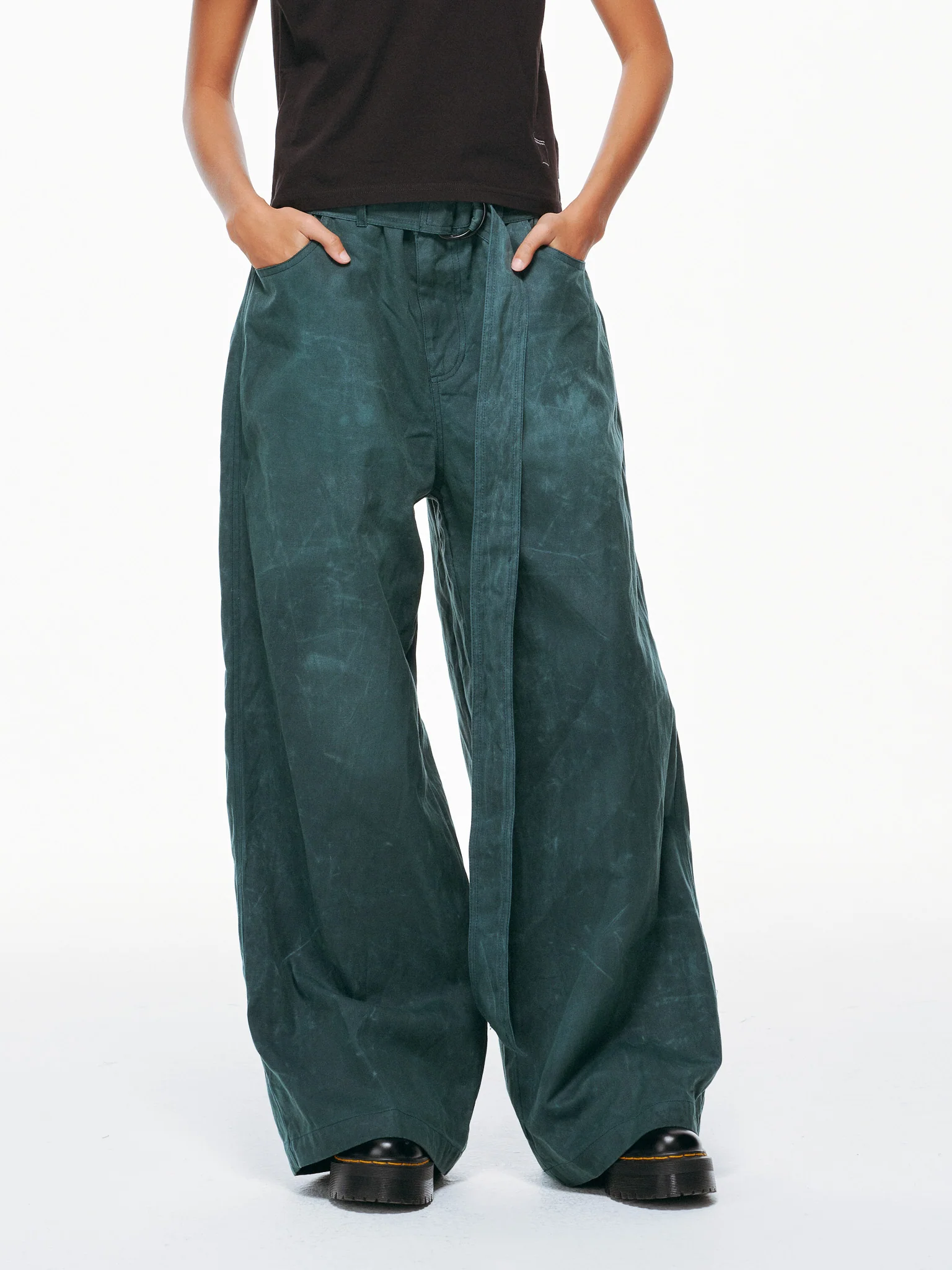 Waxed Wide Leg Pants - Jade Green, Light Wax - Image 13