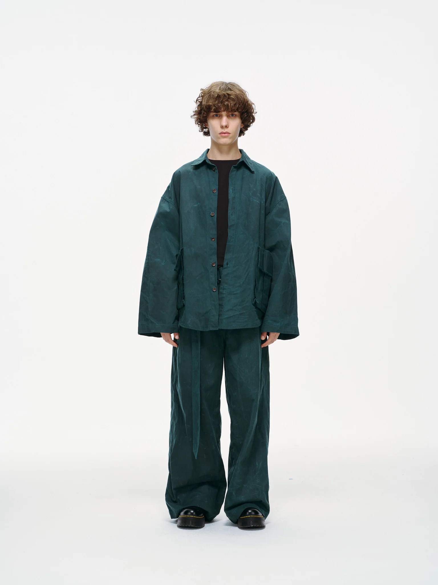 Waxed Wide Leg Pants - Jade Green, Light Wax - Image 21