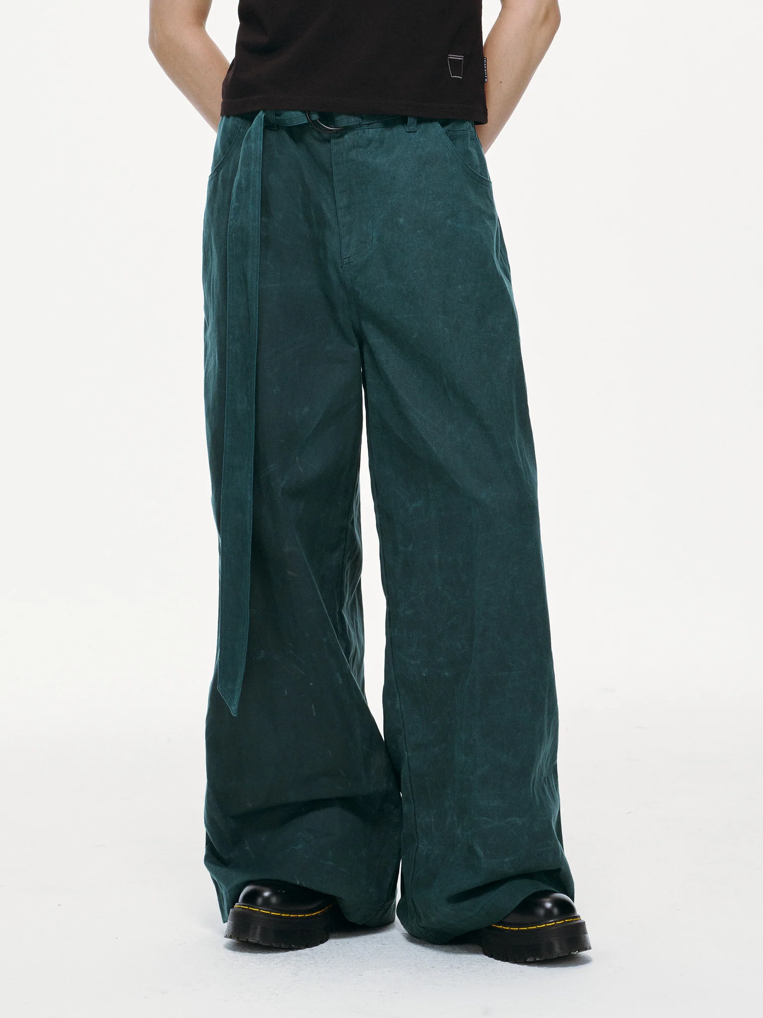 Waxed Wide Leg Pants - Jade Green, Light Wax - Image 8