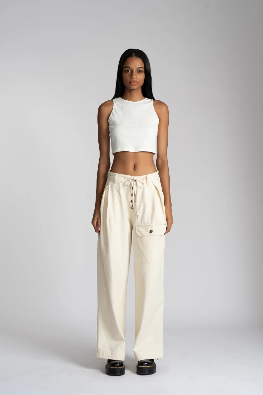 Sashiko Wide Leg Pants - Cream - Image 3