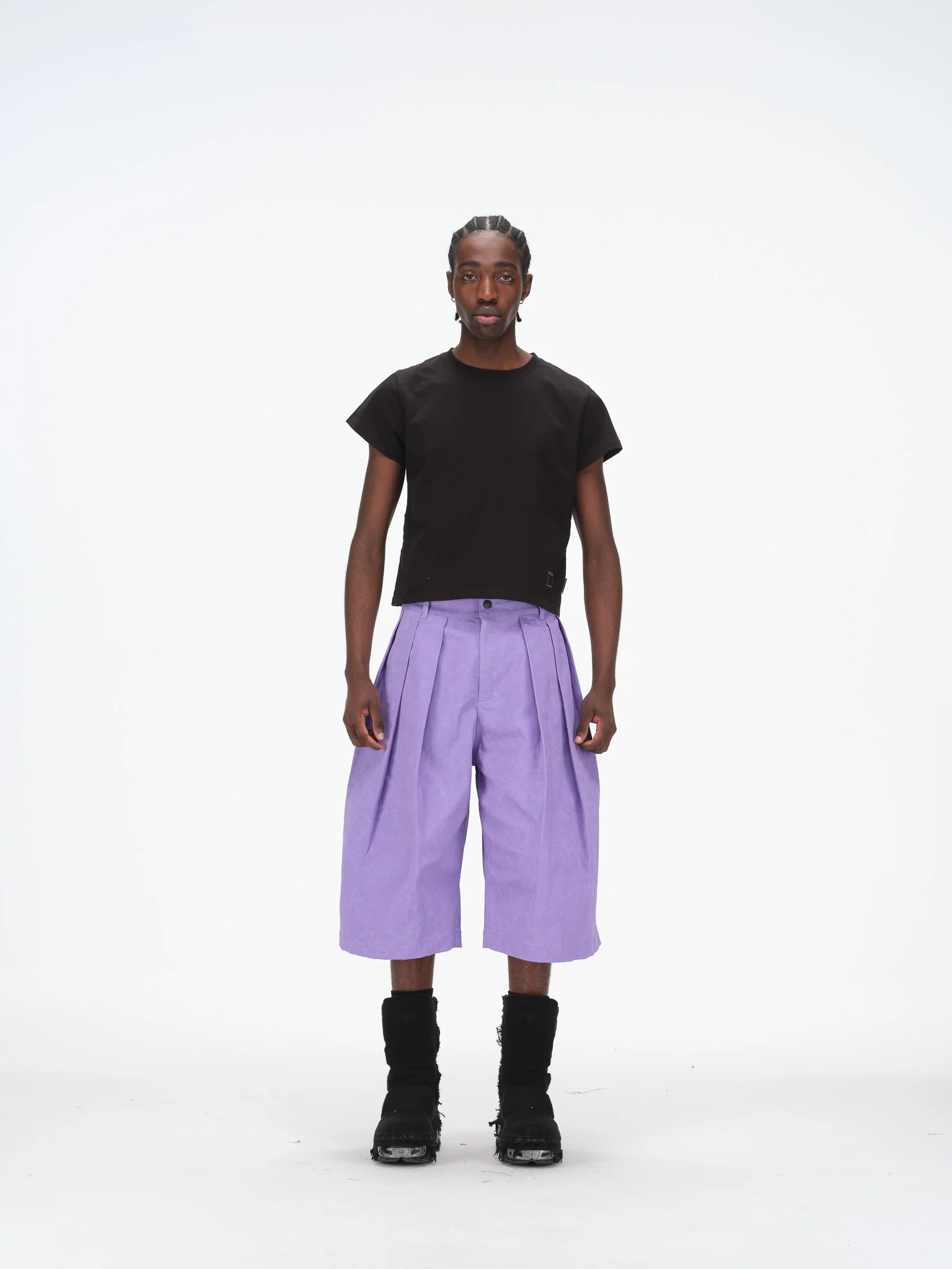 Wide-Leg Pleated Shorts - Purple - Image 4